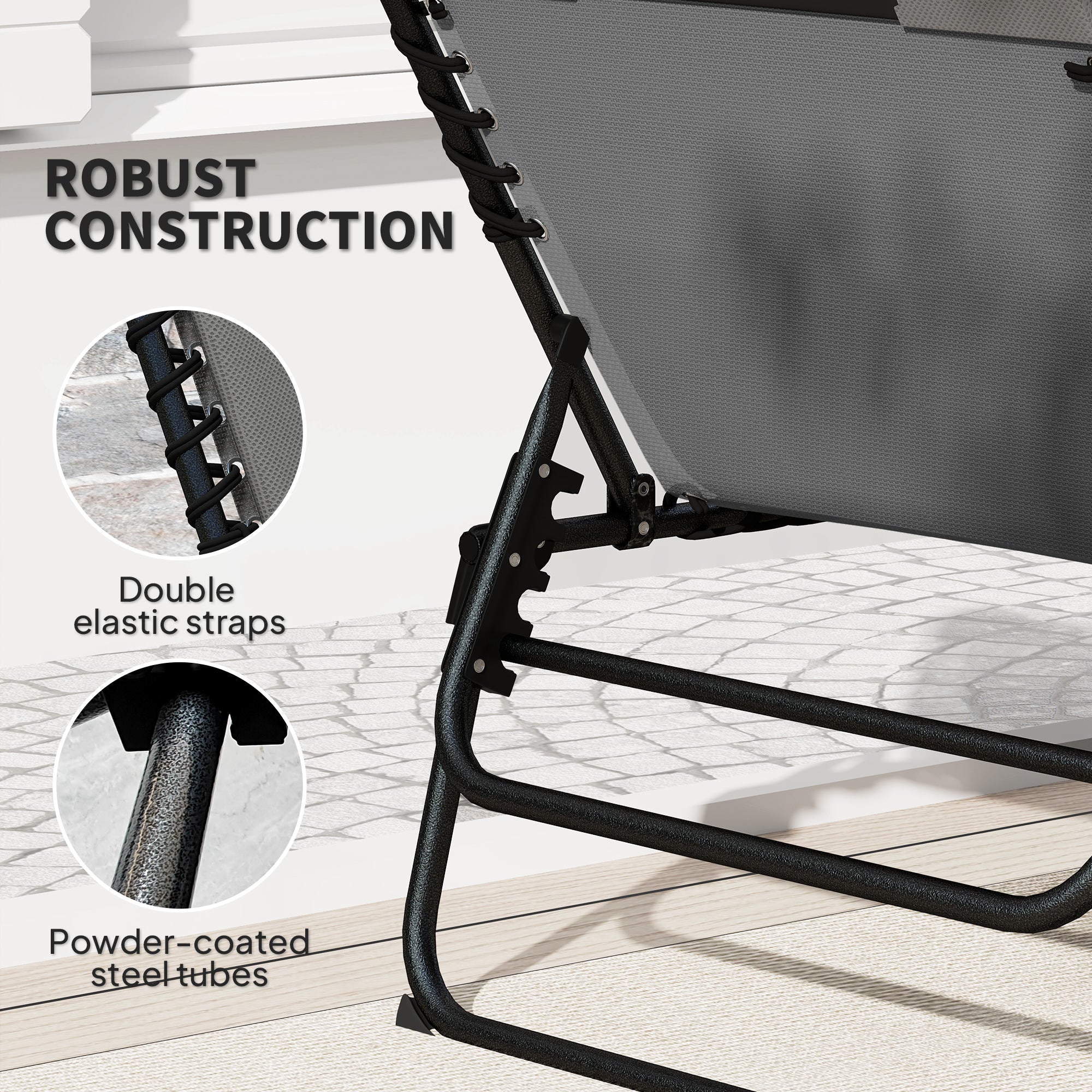 Set of 2 Folding Recliner Sun Loungers with Quick-Dry Pad & Side Pocket - Charcoal Grey