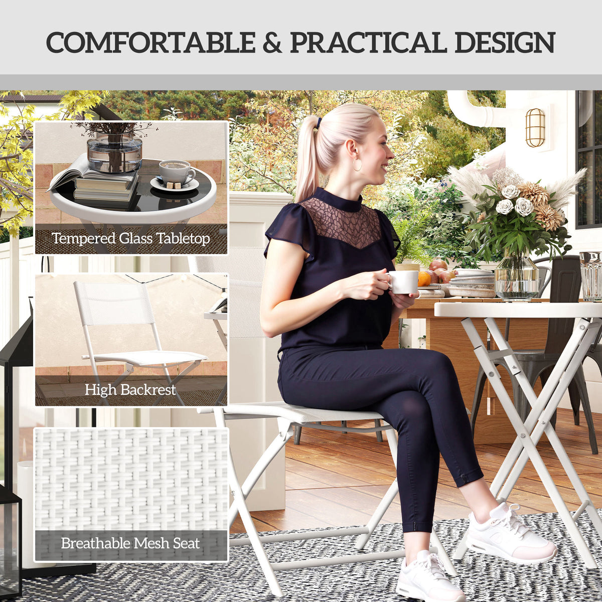 3 Piece Outdoor Bistro Set with Glass Top Table and Folding Chairs - White