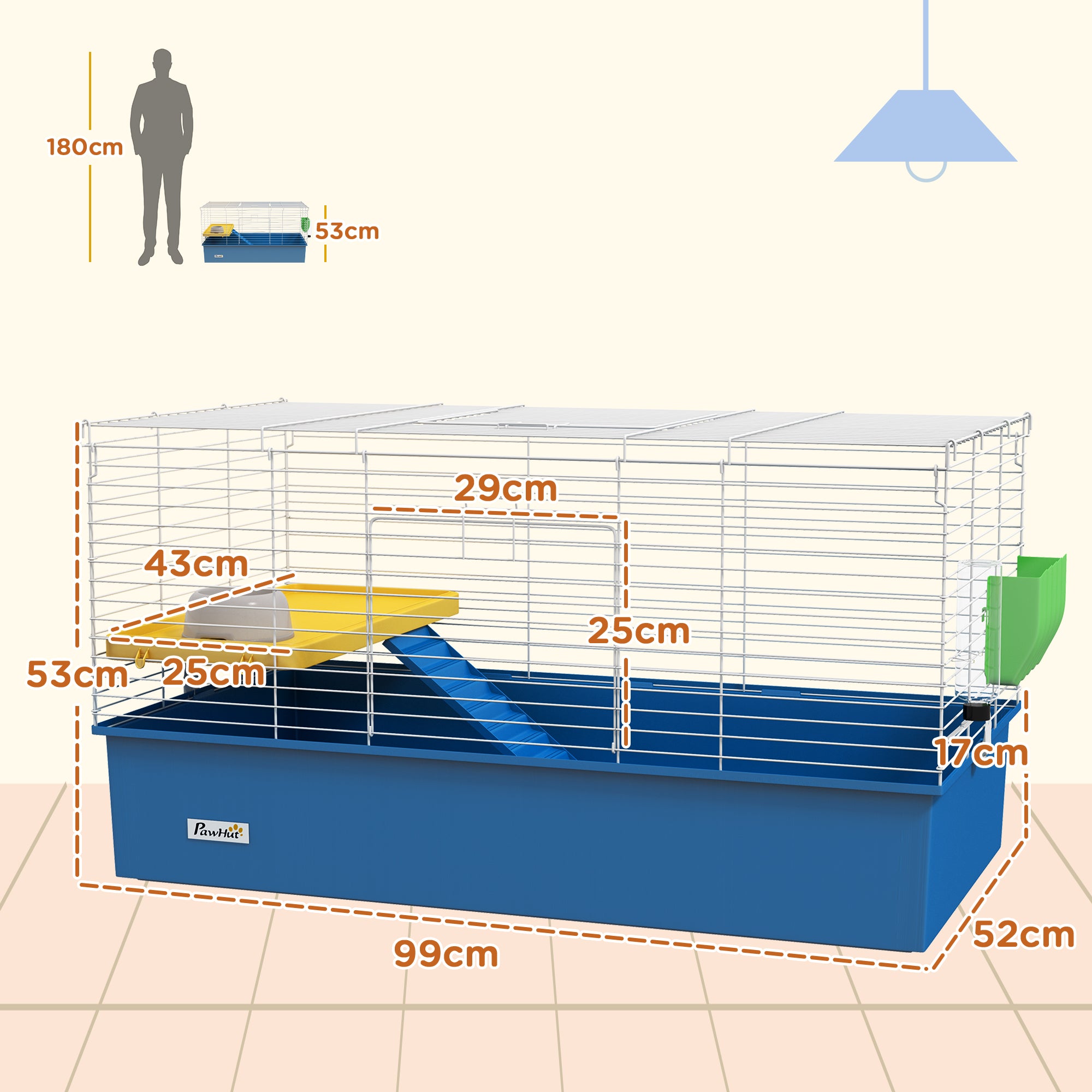 Chinchillas Small Rabbit Guinea Pig Small Animal Cage, Pet Playhouse, with Platform, Ramp, 99 x 52 x 53cm, Blue