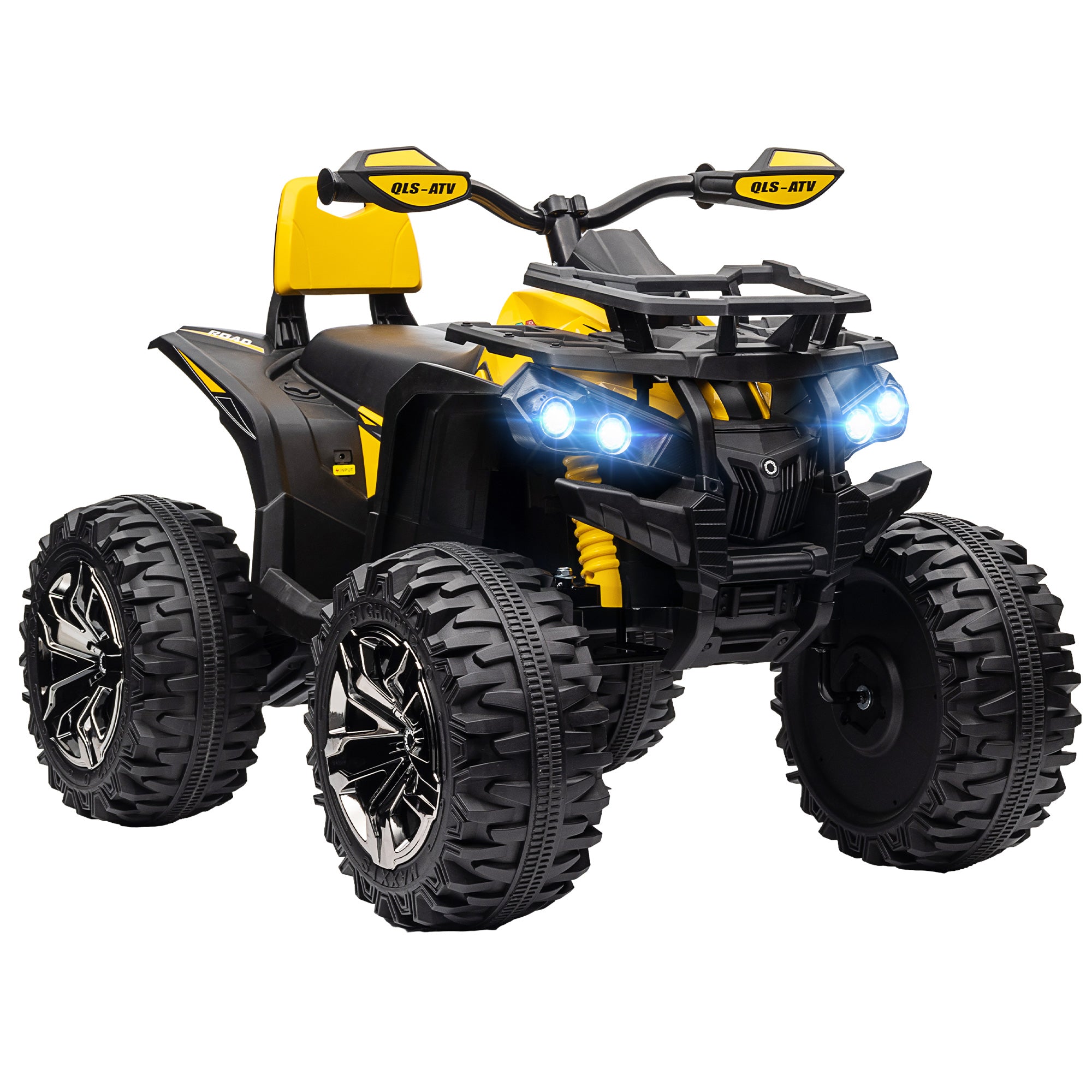 12V Quad Bike ATV with LED Lights, Music, Backrest, Forward, Backward, Yellow