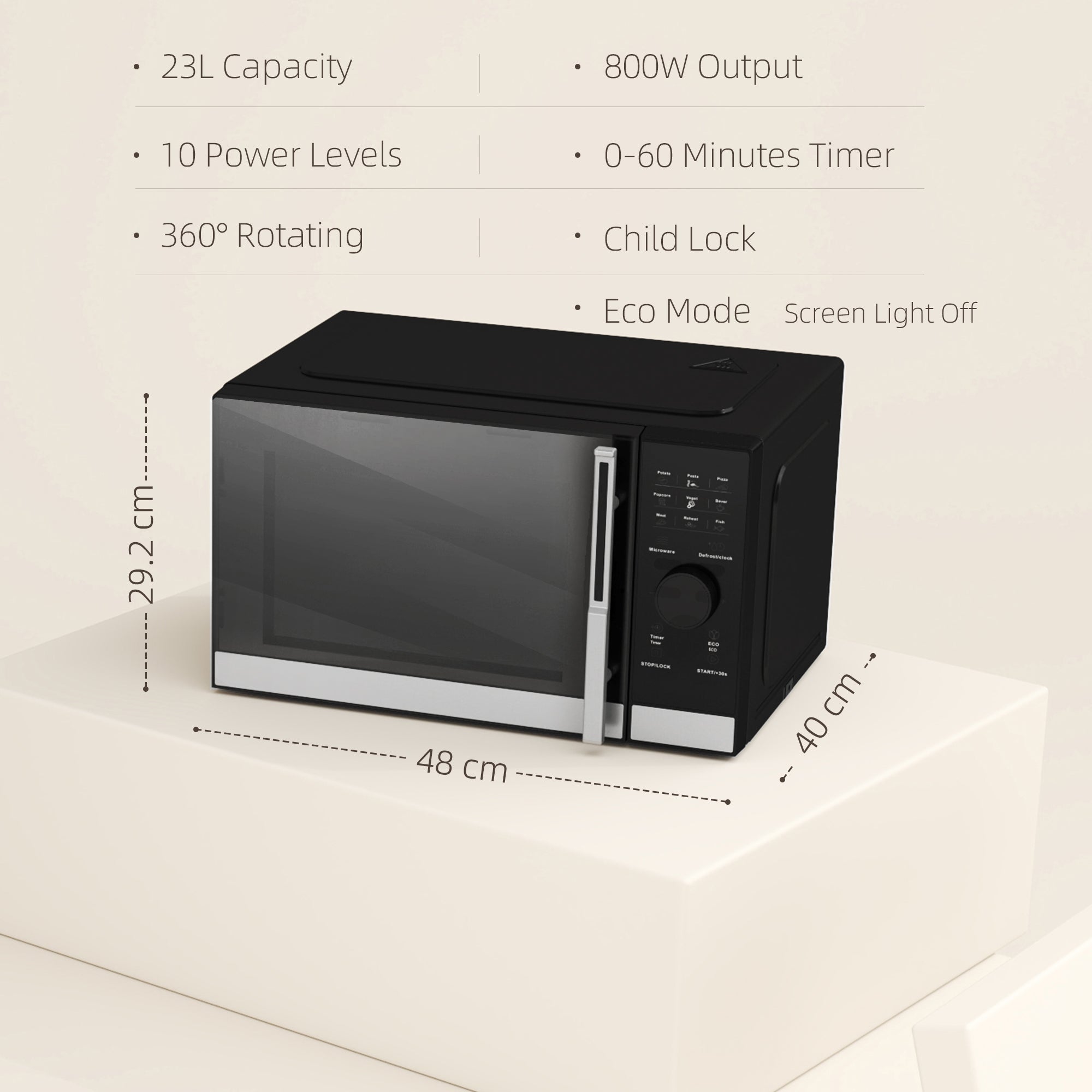 23L 800W Microwave Oven, Digital Solo Microwave with 10 Power Levels, Automatic Defrost, 8 Auto Cook Menus, 60 Minutes Timer, Eco Mode, Clock, Easy Clean, Small Black Microwave