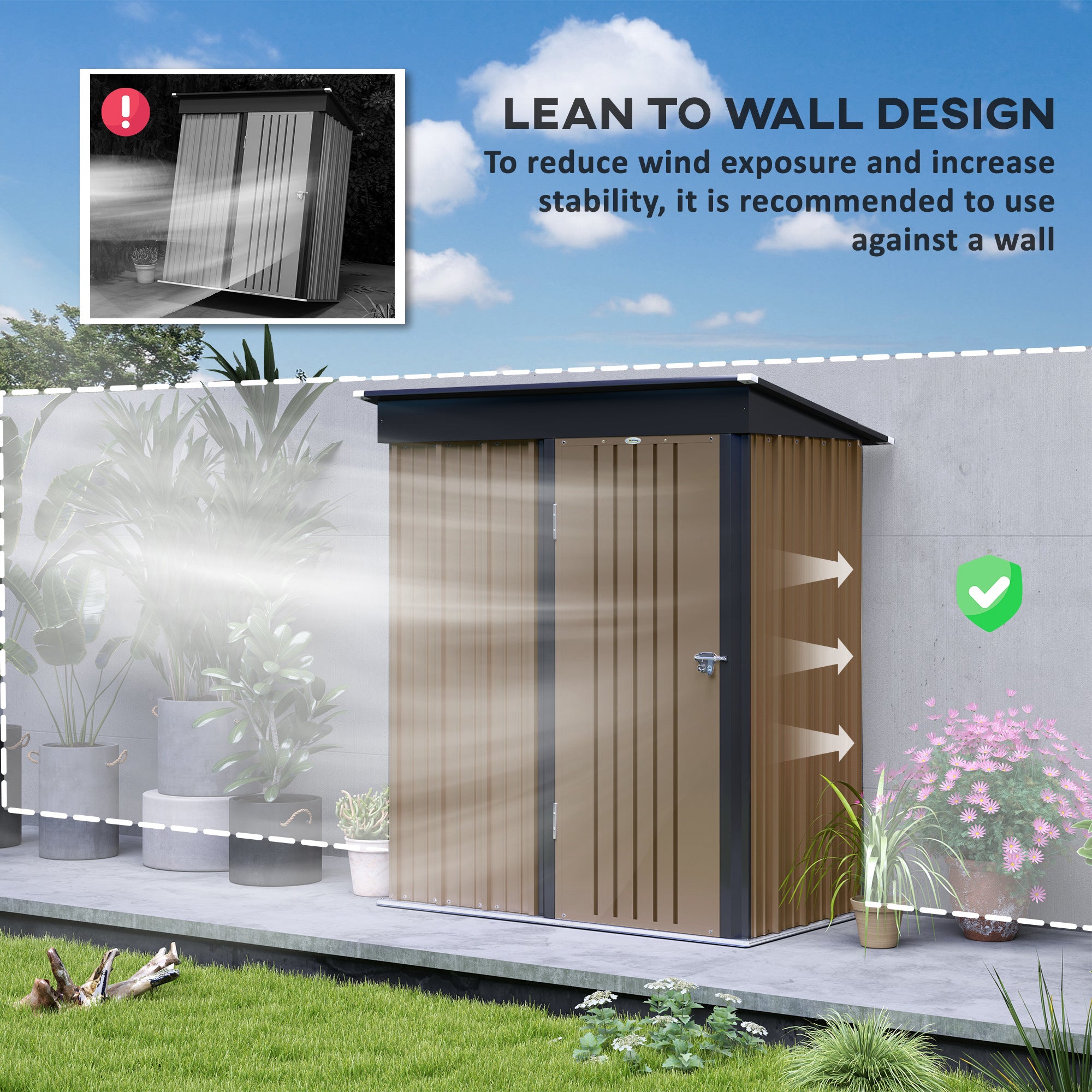 5x3ft Corrugated Steel Storage Shed with Lock - Brown