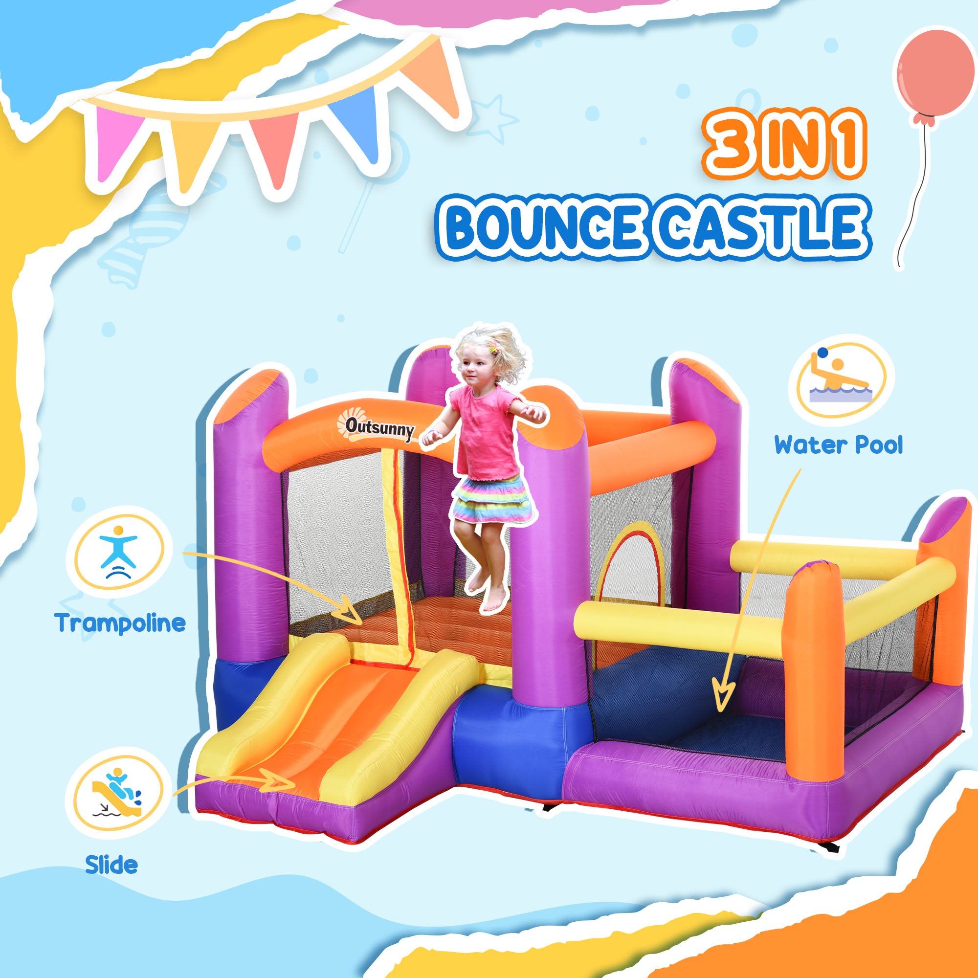 Kids Bouncy Castle House Inflatable Trampoline Slide Water Pool 3 in 1 with Blower for Kids Age 3-8 Multi-color 2.8 x 2.5 x 1.7m