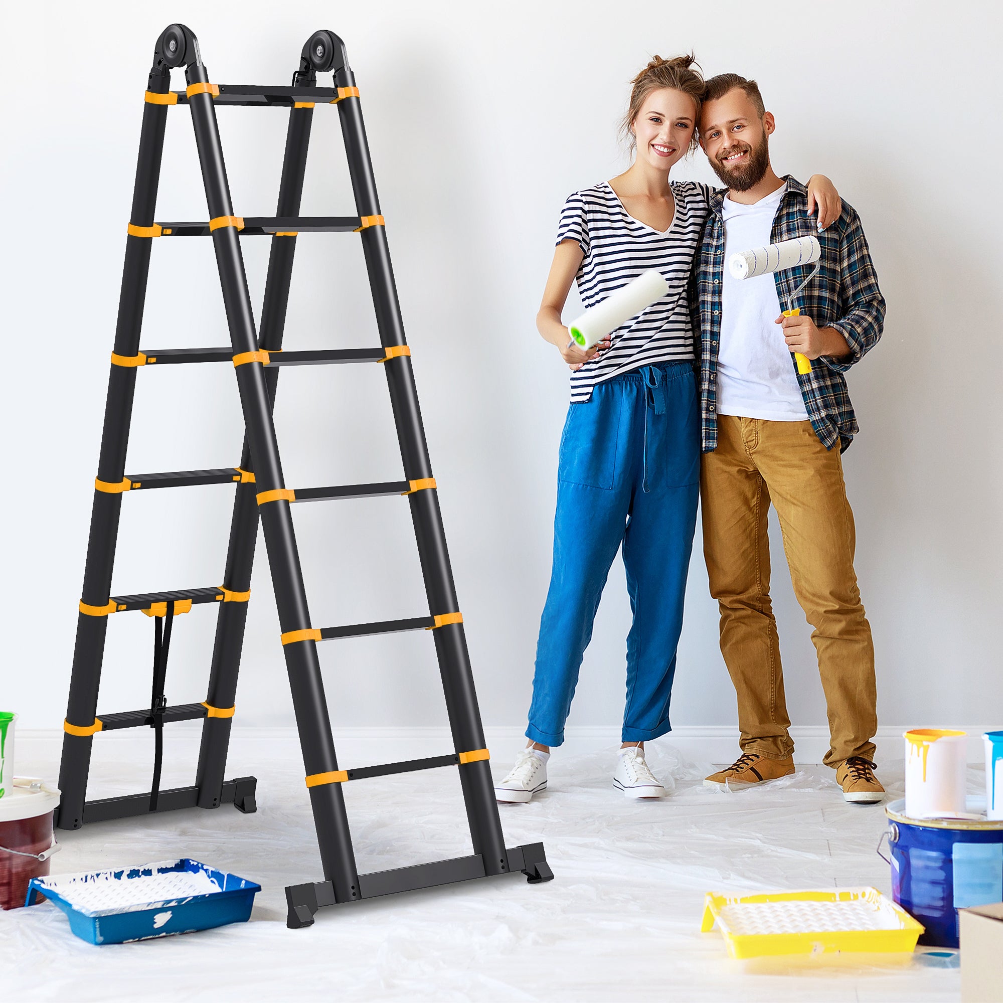 3.8m Duo Aluminium Ladder w/ Tool Holder - Yellow