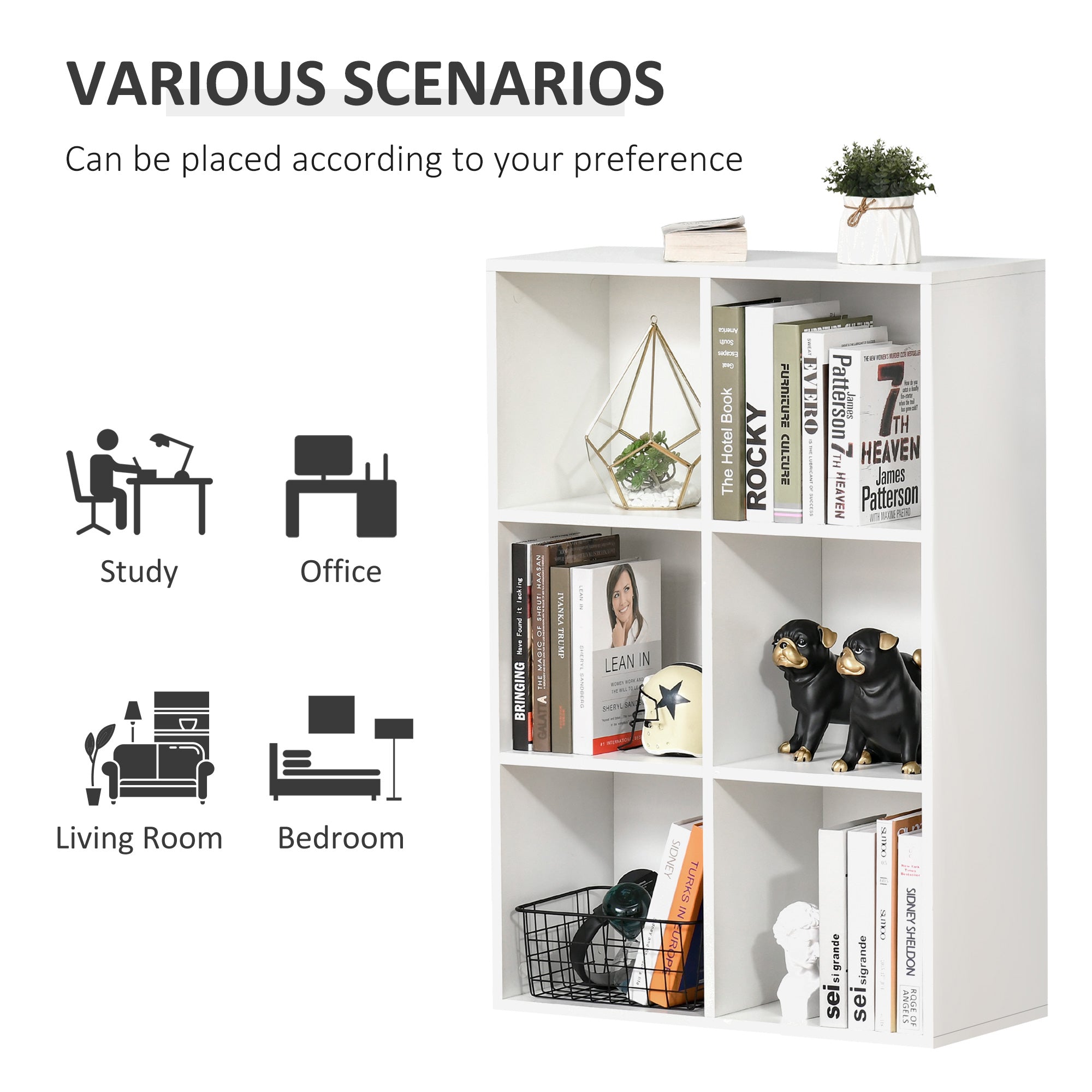 Six-Cube Bookcase Storage Unit with Anti-Tip Straps - White Wood Effect