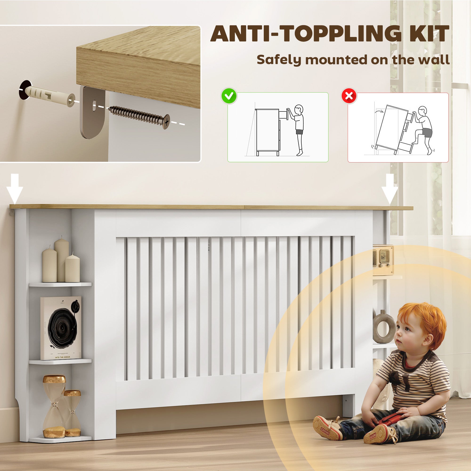 Radiator Cover with Open Storage Shelves, Vertical Slatted Cabinet Shelf Heater Cover for Living Room, Hallway, Extra Large, White