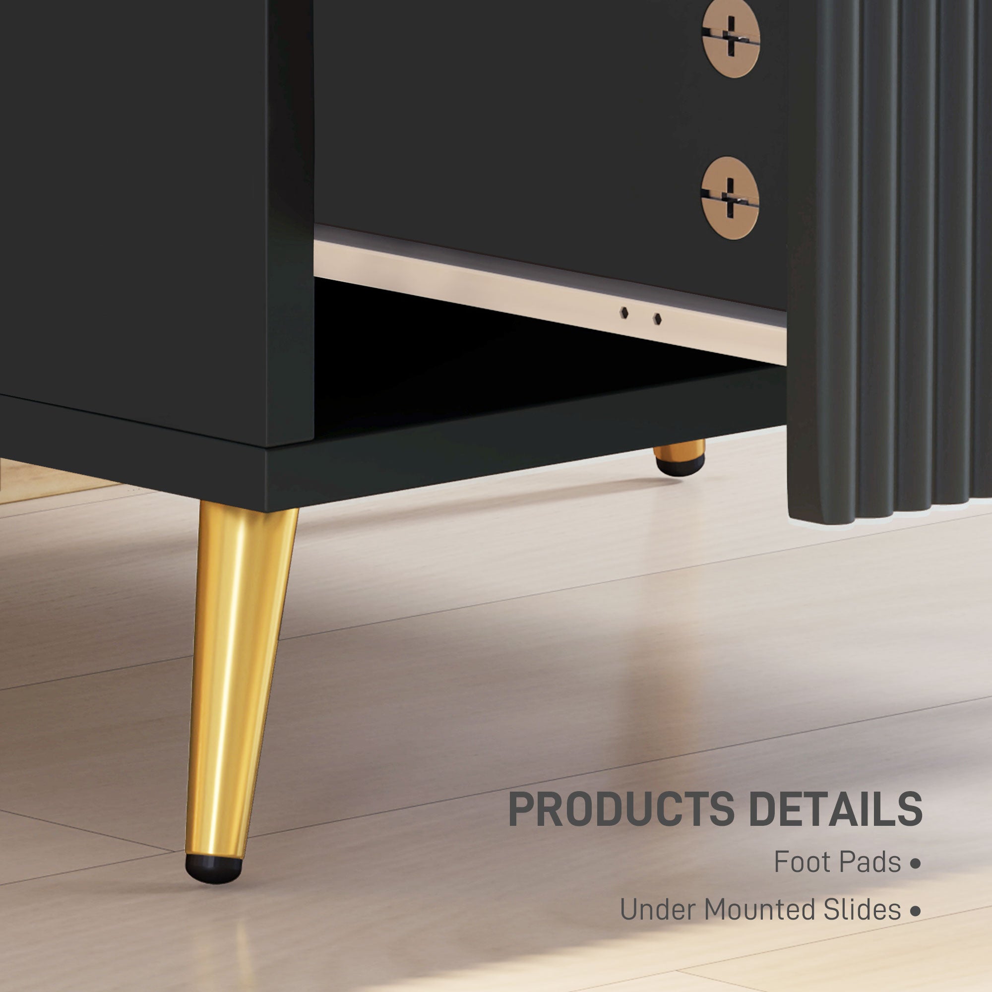 Elegant Two-Drawer Bedside Table with Gold Handles - Black