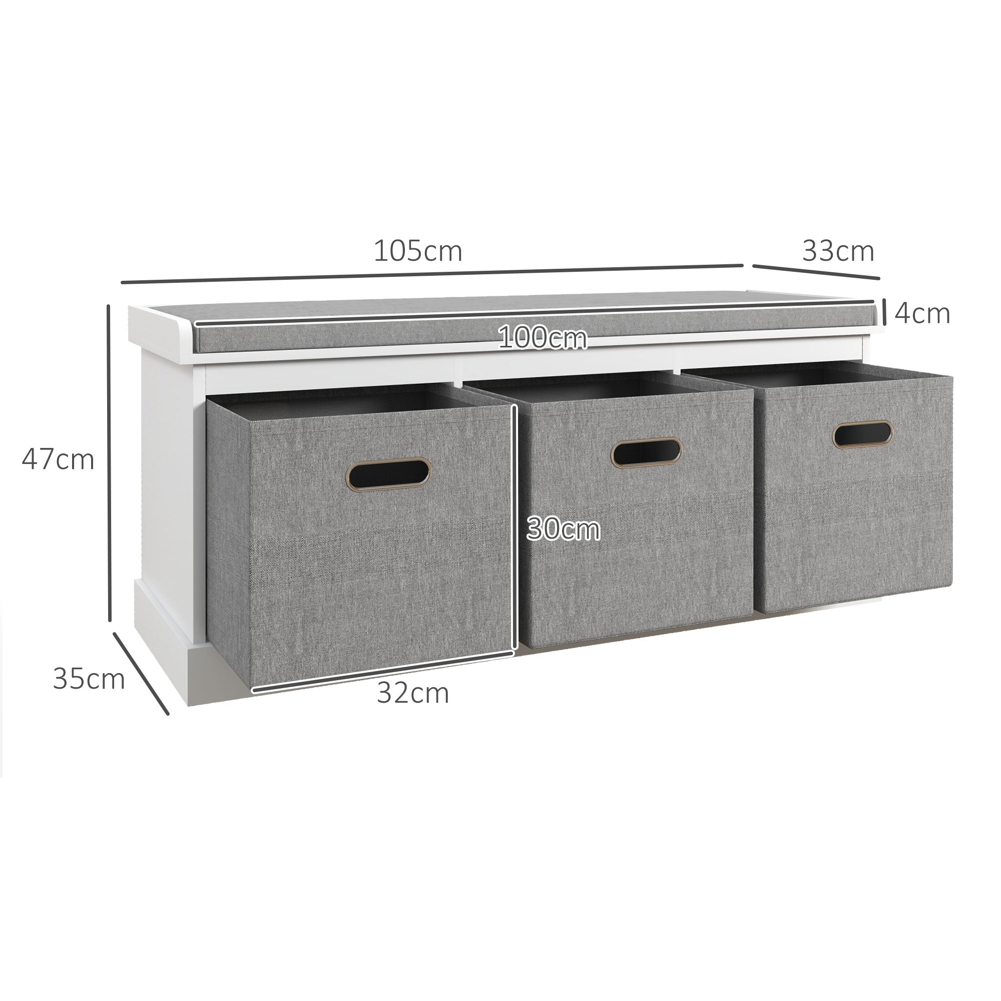 Three-Drawer Shoe Storage Bench, with Padded Top Seat - White