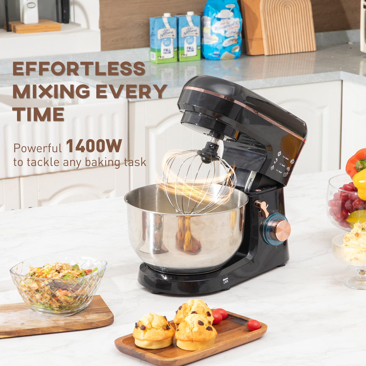 5L Stand Mixer with 1400W Motor, 6 Speeds & Pulse, Dough Hook, Whisk, Beater, Stainless Steel Bowl, Splash Guard - Black