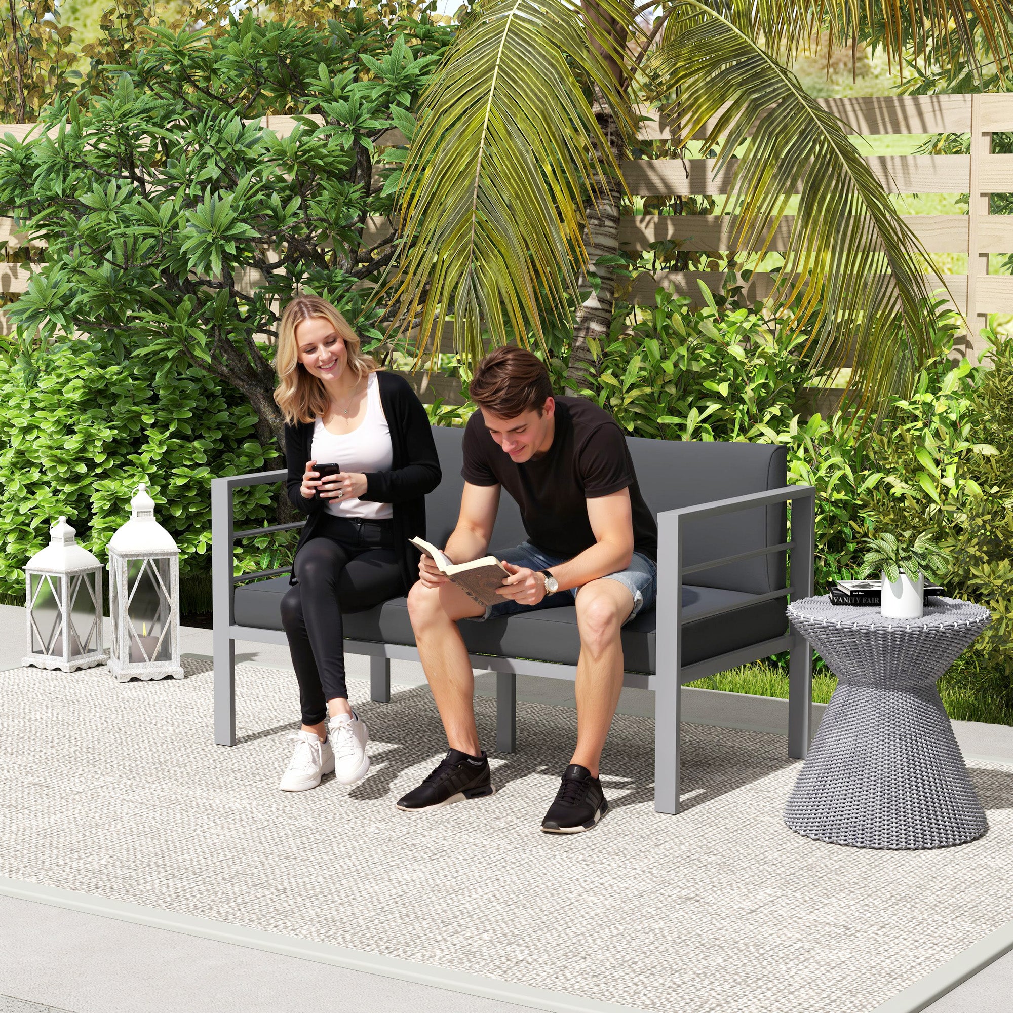 Two Seater Aluminium Garden Sofa with Cushions - Grey