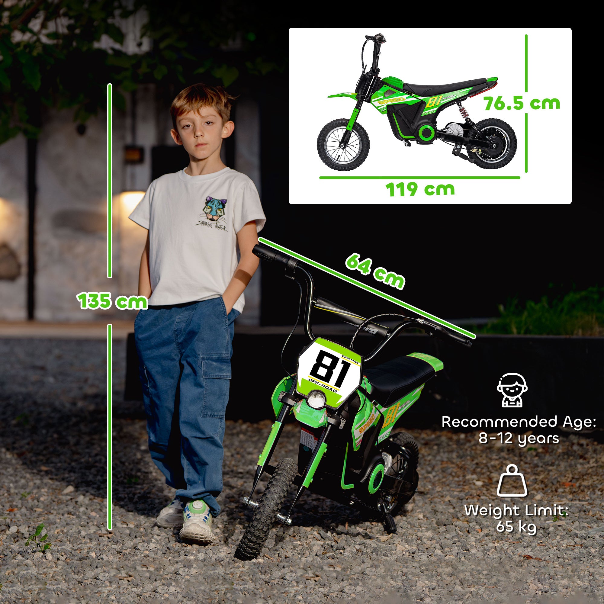 Kids Electric Motorbike, 24V Ride On Motorcycle with 3 Speeds and Rear Suspension, Dirt Bike for 8-12 Years Old, Green