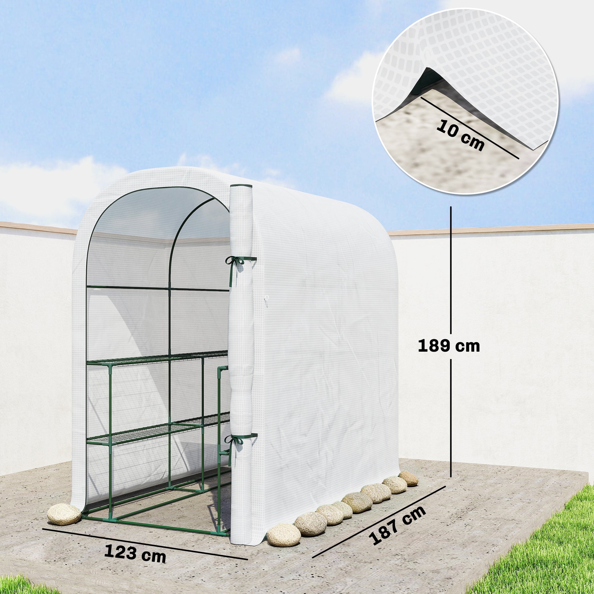 Walk-in Greenhouse with Shelves, Small Greenhouse with PE Cover and Roll-up Door, 123 x 187 x 189 cm, White