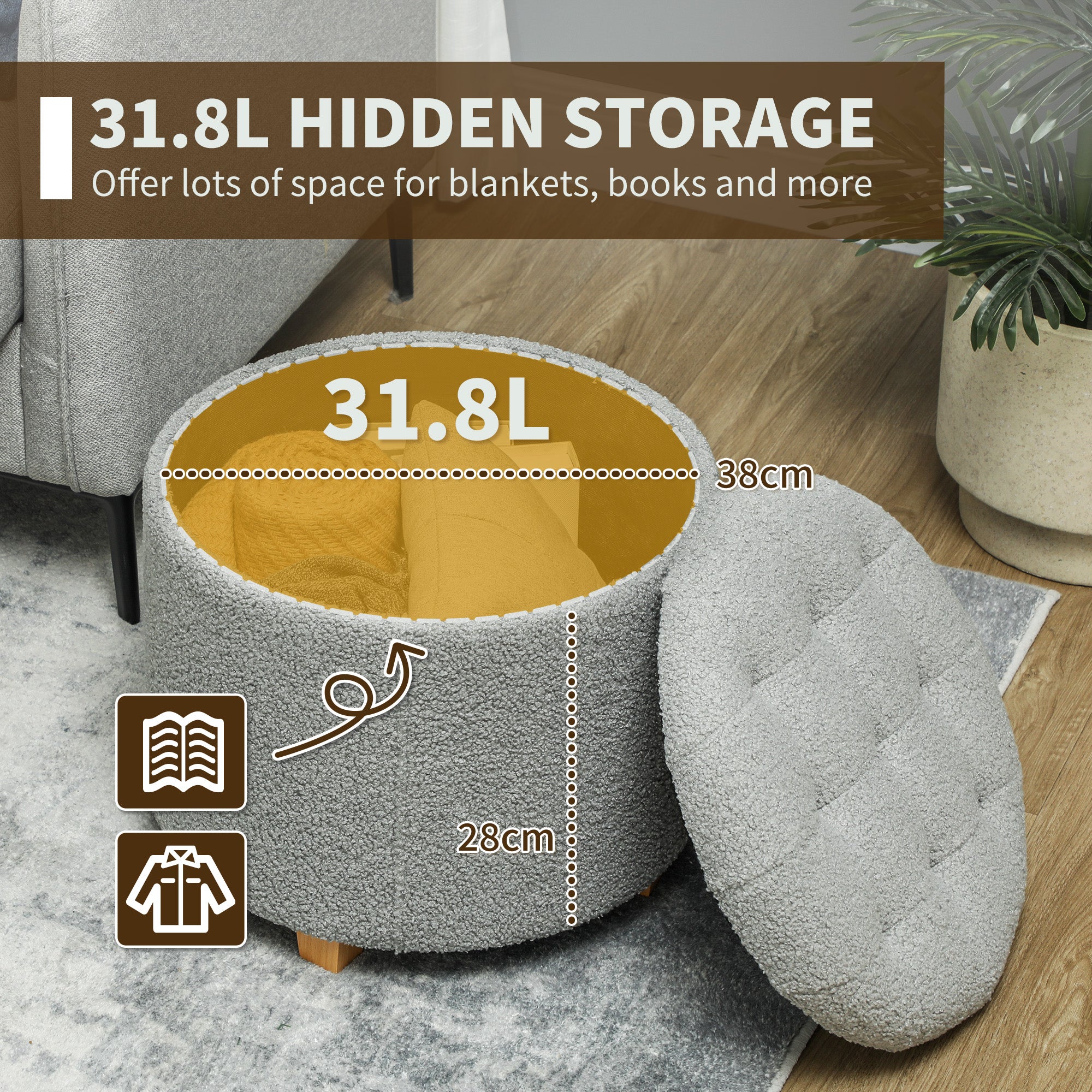 31.8L Teddy Fleece Storage Ottoman - Grey