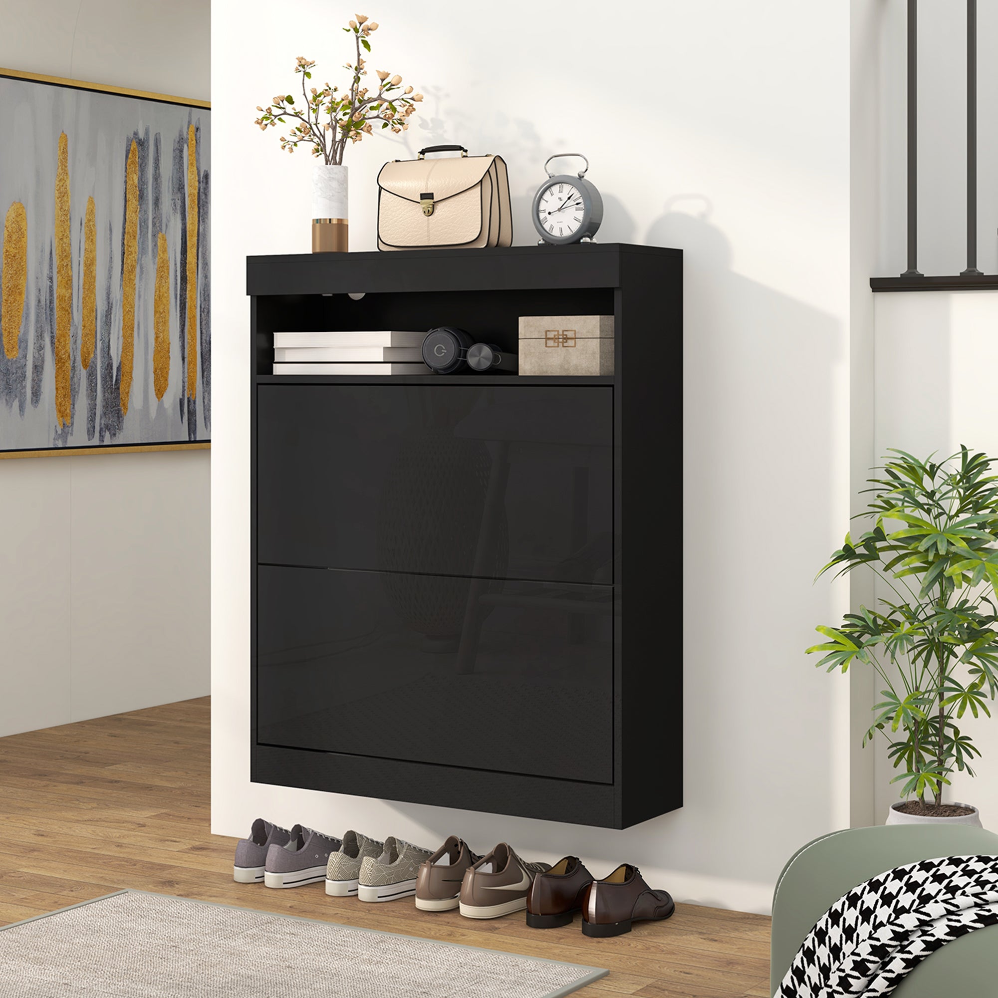 16 Shoe Pair Storage Cabinet, with Flip Doors - High Gloss Black