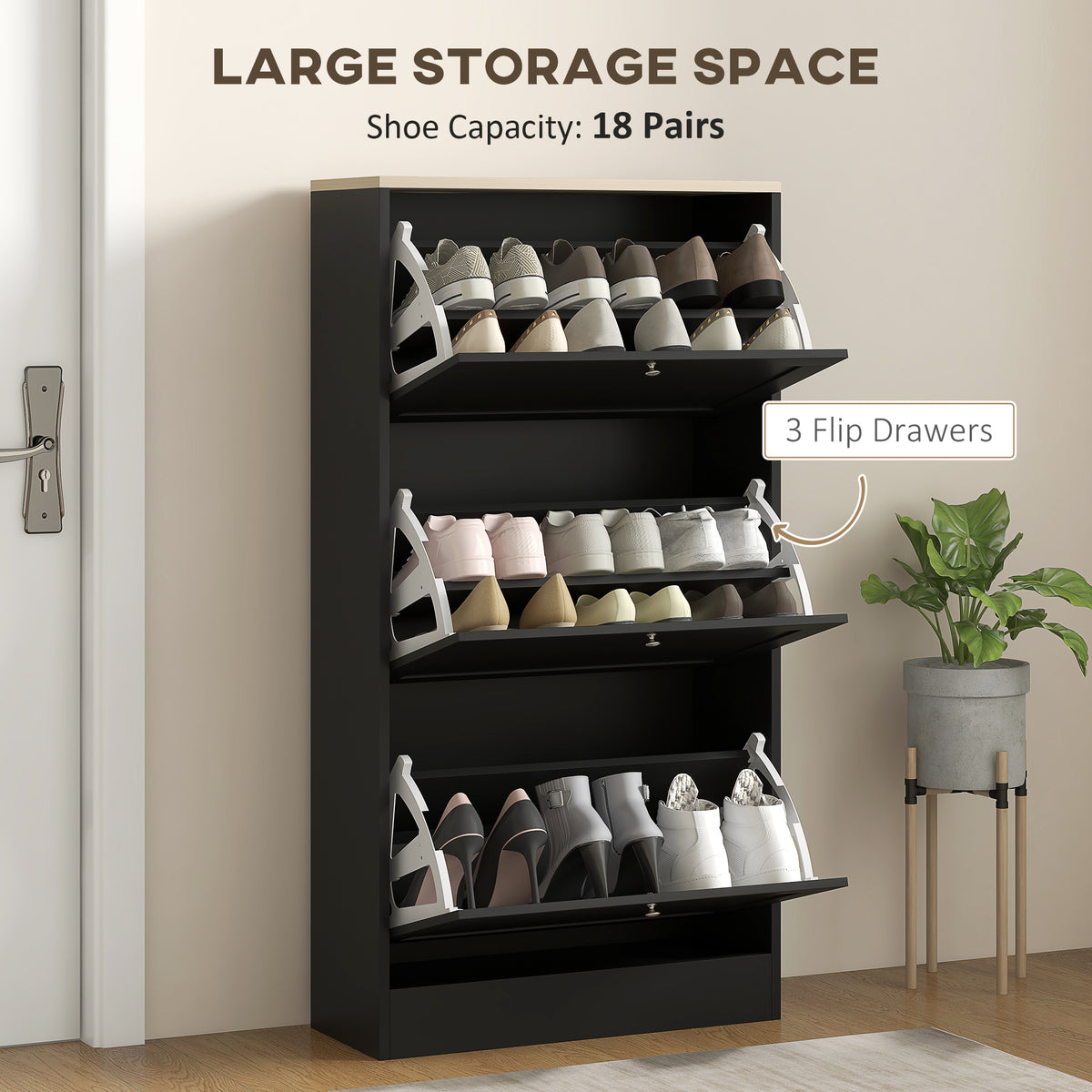 Modern Compact Three-Drawer Shoe Storage Cabinet with Adjustable Shelves - Black
