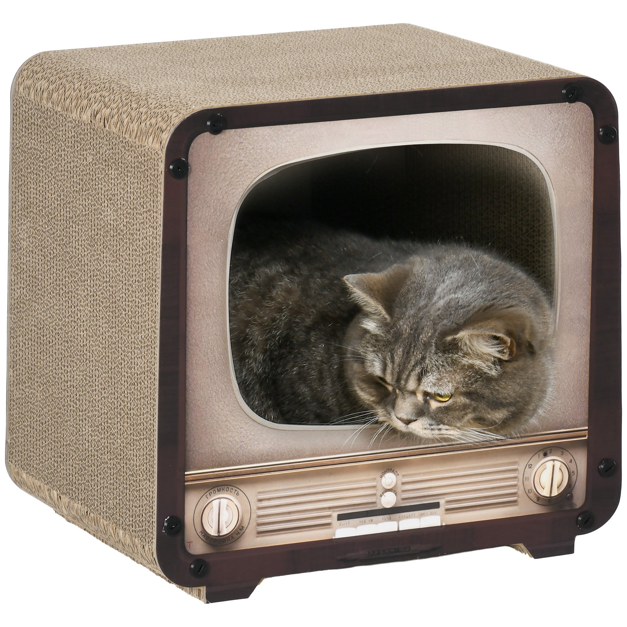 2 in 1 TV Shape Cat Scratching Board House with Catnip, for Indoor Cats, Brown