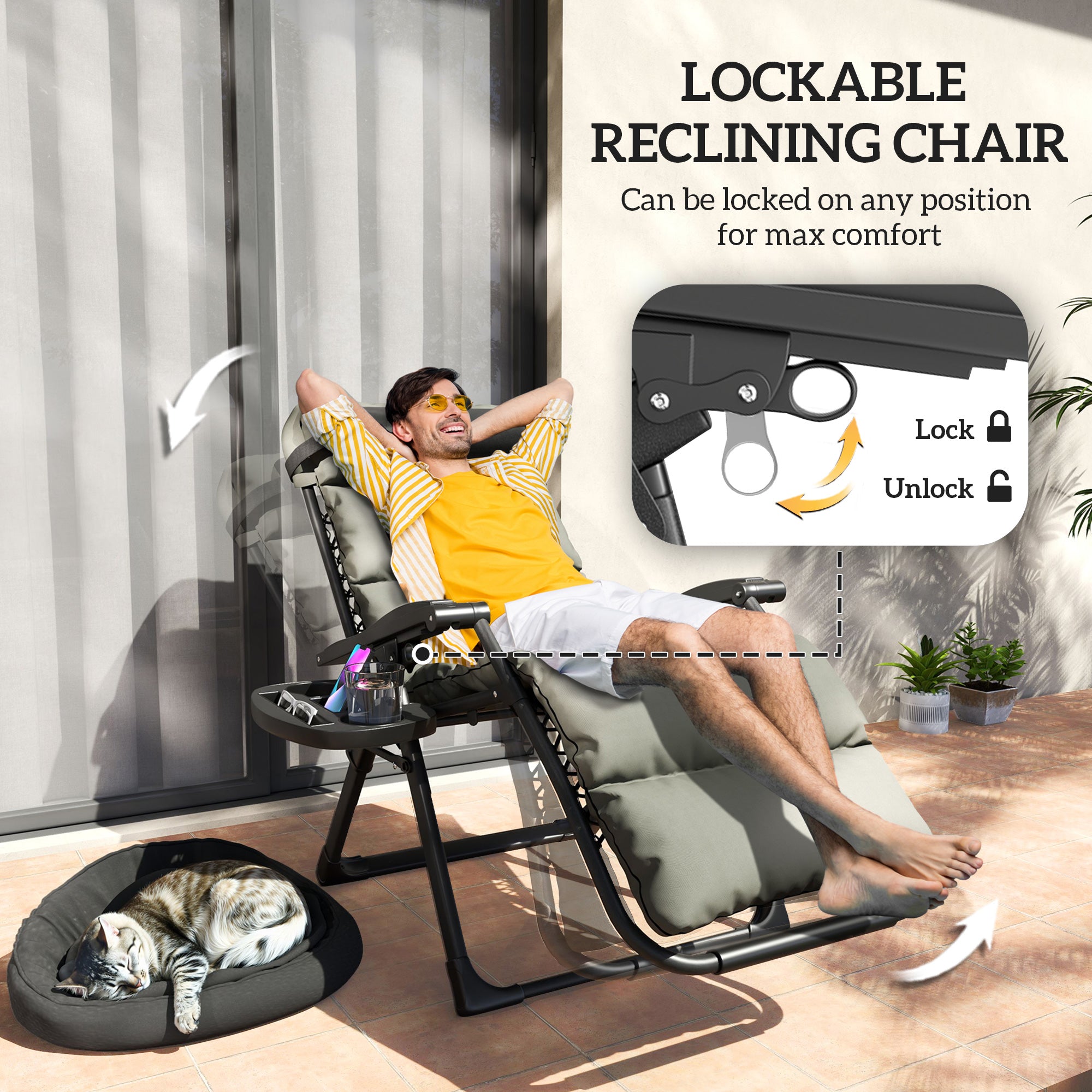 Set of Two Reclining Sun Loungers, with Cushion - Grey