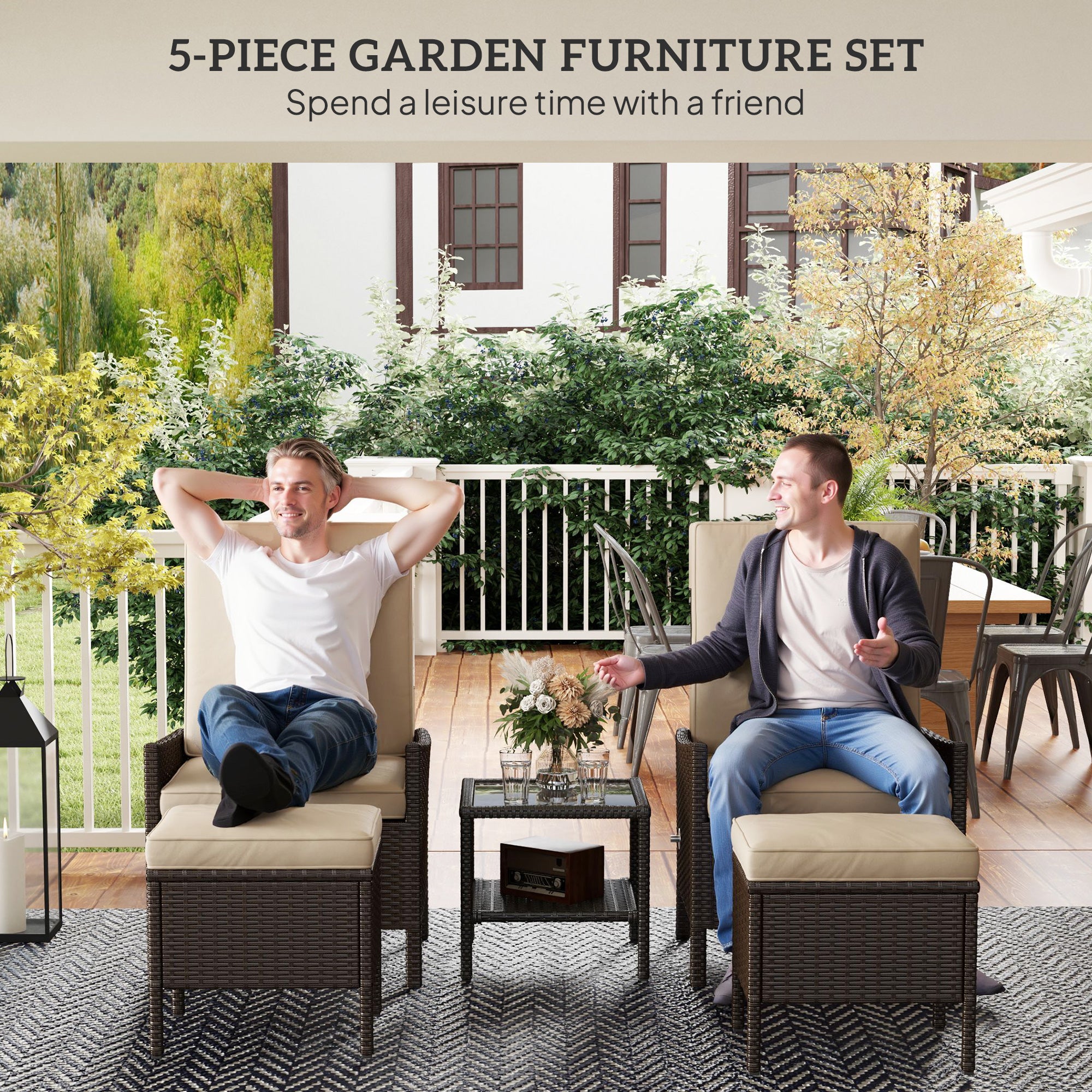 5 Piece Rattan Garden Furniture Set with Cushions and Glass Table Khaki