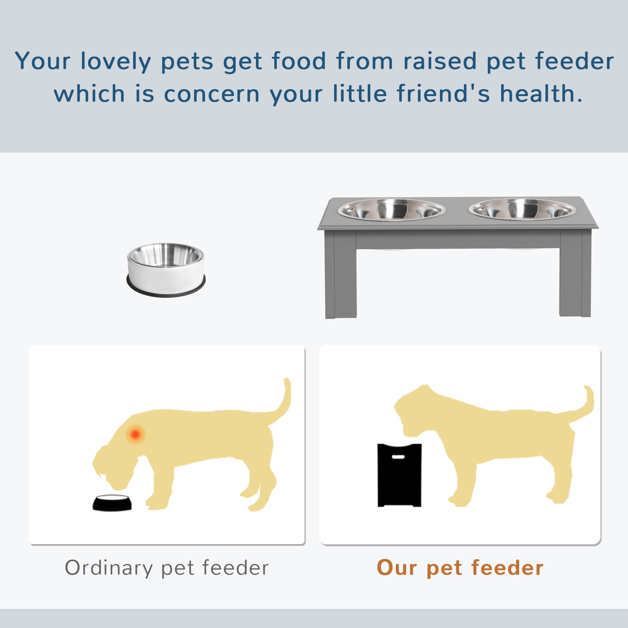 Raised Dog Feeding Bowls with Stand, Stainless Steel for Extra Small and Small Dog, 44L x 24W x 15H cm - Grey