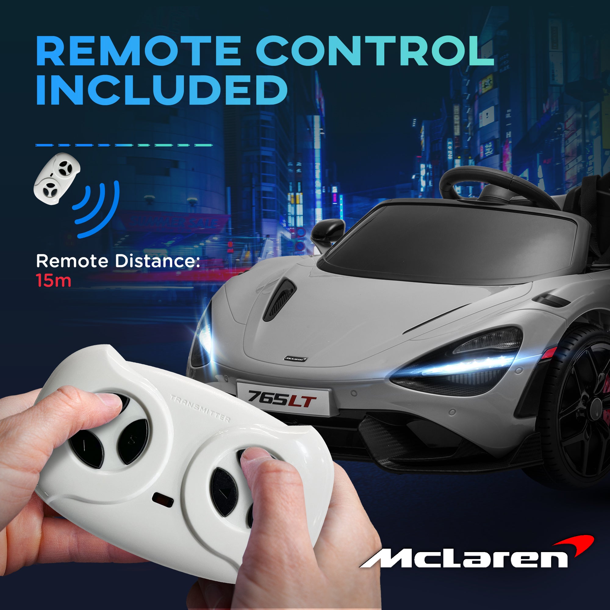 McLaren 765LT Licensed 12V Kids Electric Ride on Car with Butterfly Doors Remote Control Transport Wheels Grey