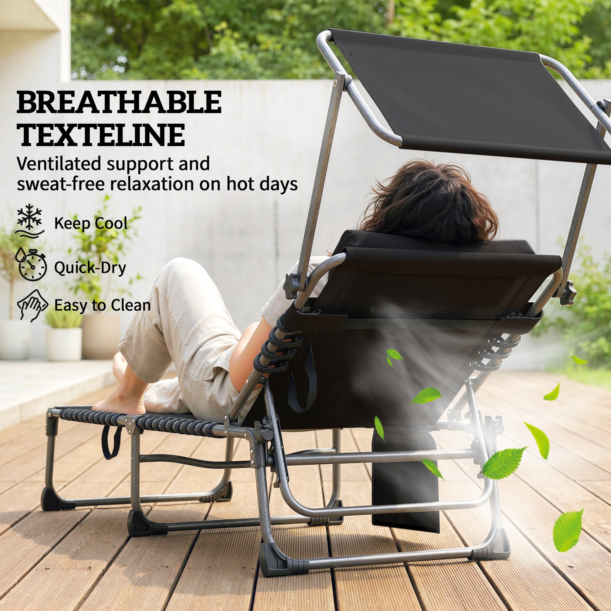 Folding Sun Loungers Set of 2 with Canopy, Reclining Sunbed with Cushion, Side Pocket, Carrying Handle, Dark Blue