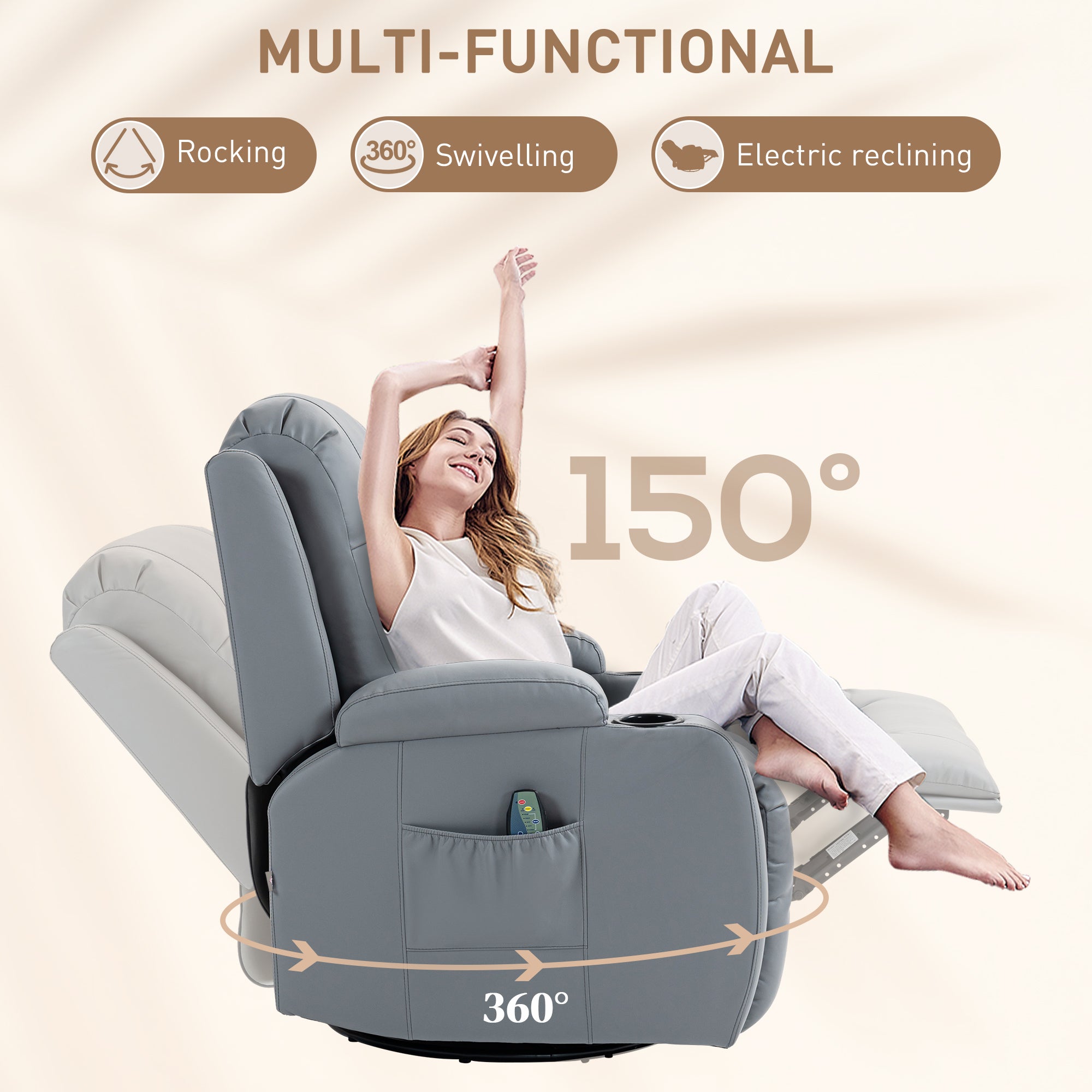 Massage Recliner Chair with 8 Vibration & Heat, PU Leather Recliner Armchair with Cup Holders and Side Pockets, Manual Reclining Chair with Remote, 360° Swivel, Rocking, Light Grey