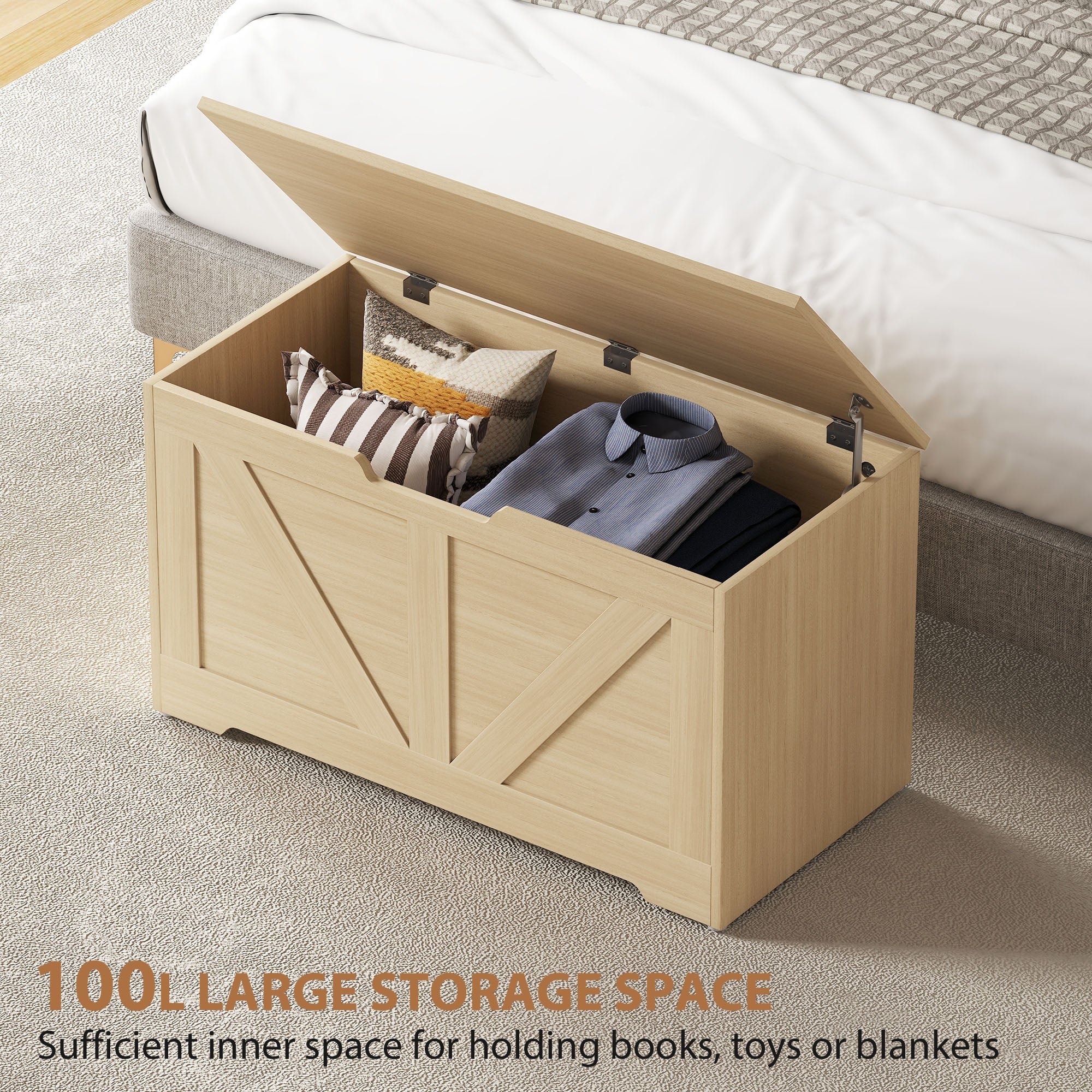 100L Home Storage Box, with Safety Hinges - Natural Wood Finish