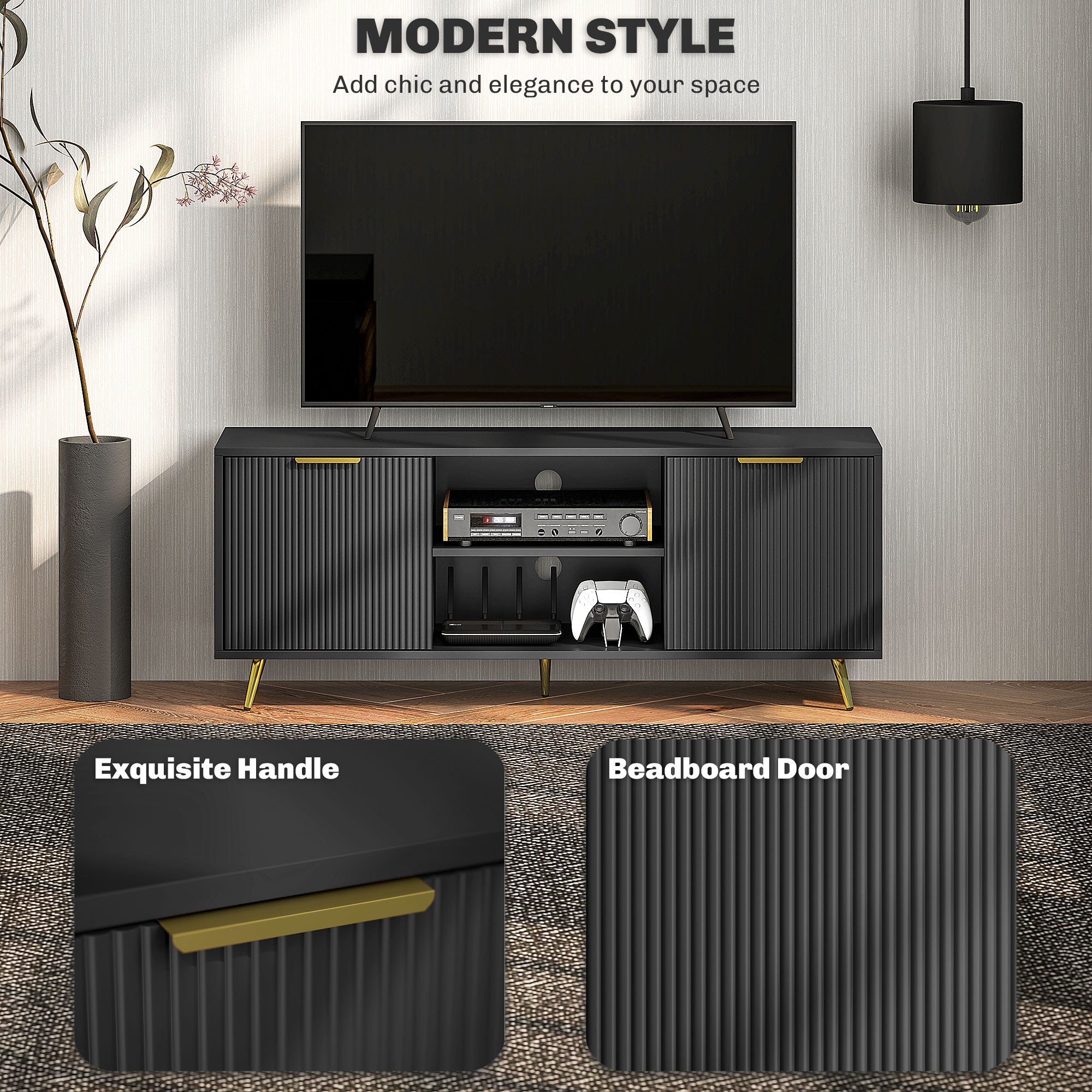 Modern TV Stand Cabinet for TVs up to 55" with 2 Shelves & 2 Cabinets, Cable Management - Black