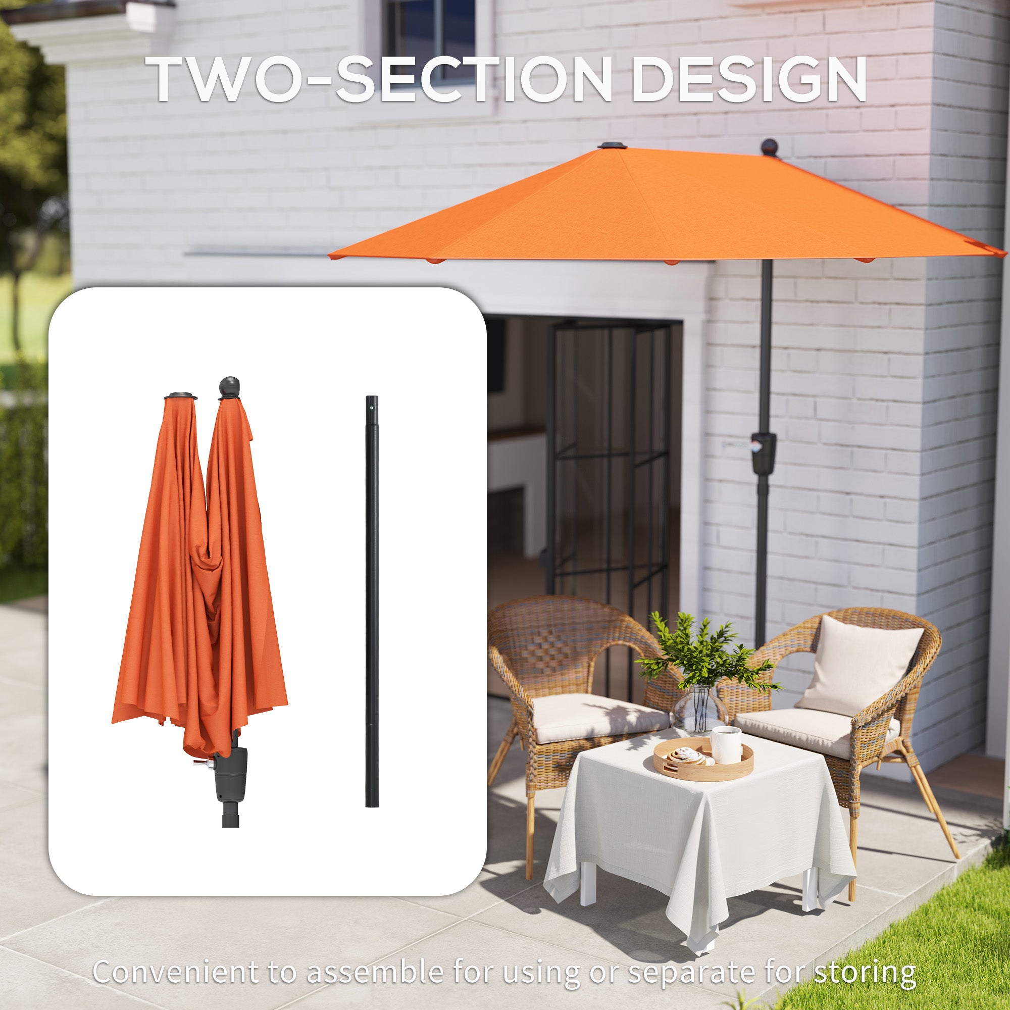 2 Metre Half Parasol Garden Umbrella with Crank Handle - Orange