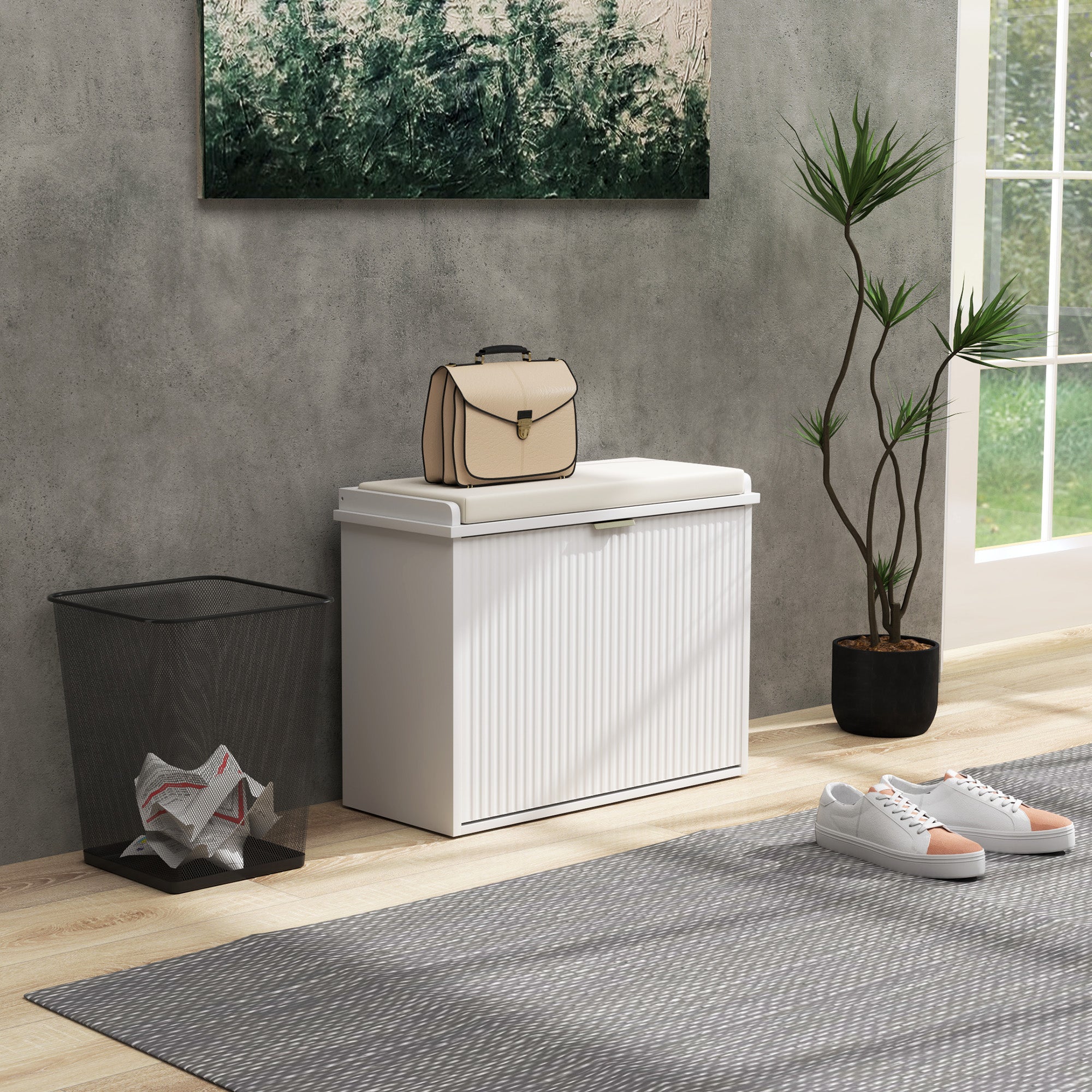 Elegant Six Shoe Bench, with Top Seat - White