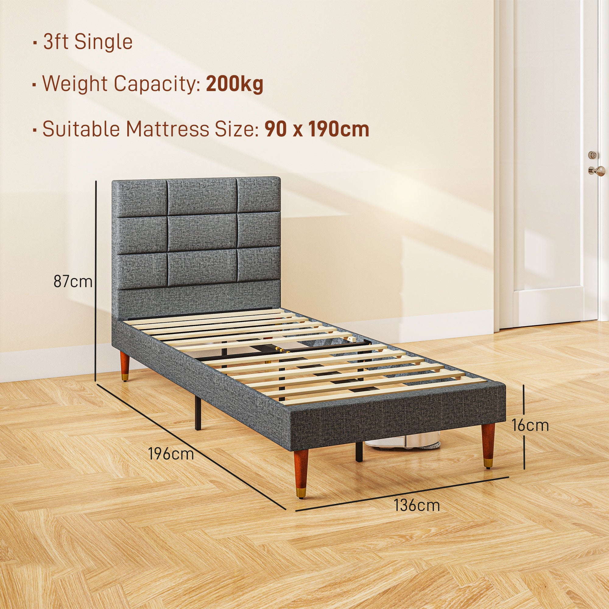 ベッドフレーム Single bed with Hard mattress Upholstered Single Bed Frame with Wooden Slats - Grey