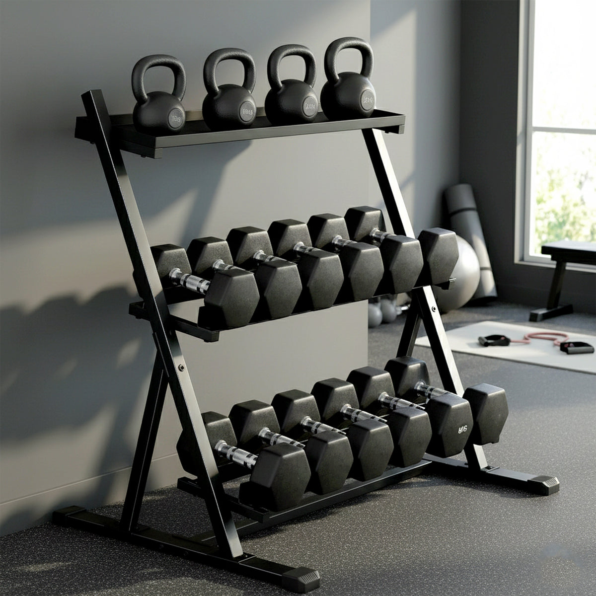 3-Tier Adjustable Dumbbell Rack, Heavy-Duty Weight Rack for Dumbbells, Kettlebells and Multiple Balls, Space-Saving Weight Storage Stand for Home Gym, 200 KG Capacity