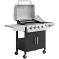 4+1 Burner Gas BBQ Grill with Side Burner, 14.5 kW Steel Portable Gas Barbecue Grill with Built-in Thermometer, Lid