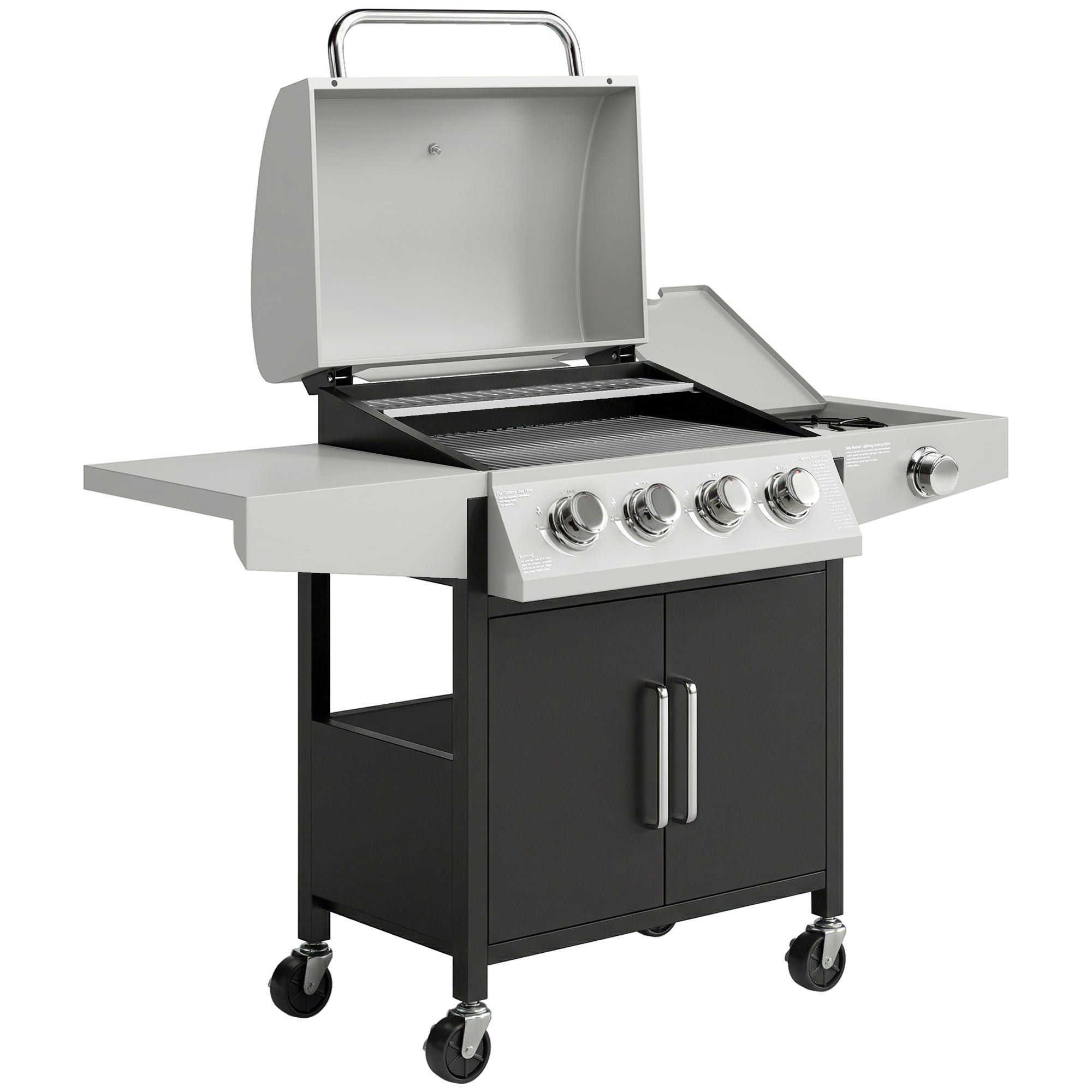 4+1 Burner Gas BBQ Grill with Side Burner, 14.5 kW Steel Portable Gas Barbecue Grill with Built-in Thermometer, Lid