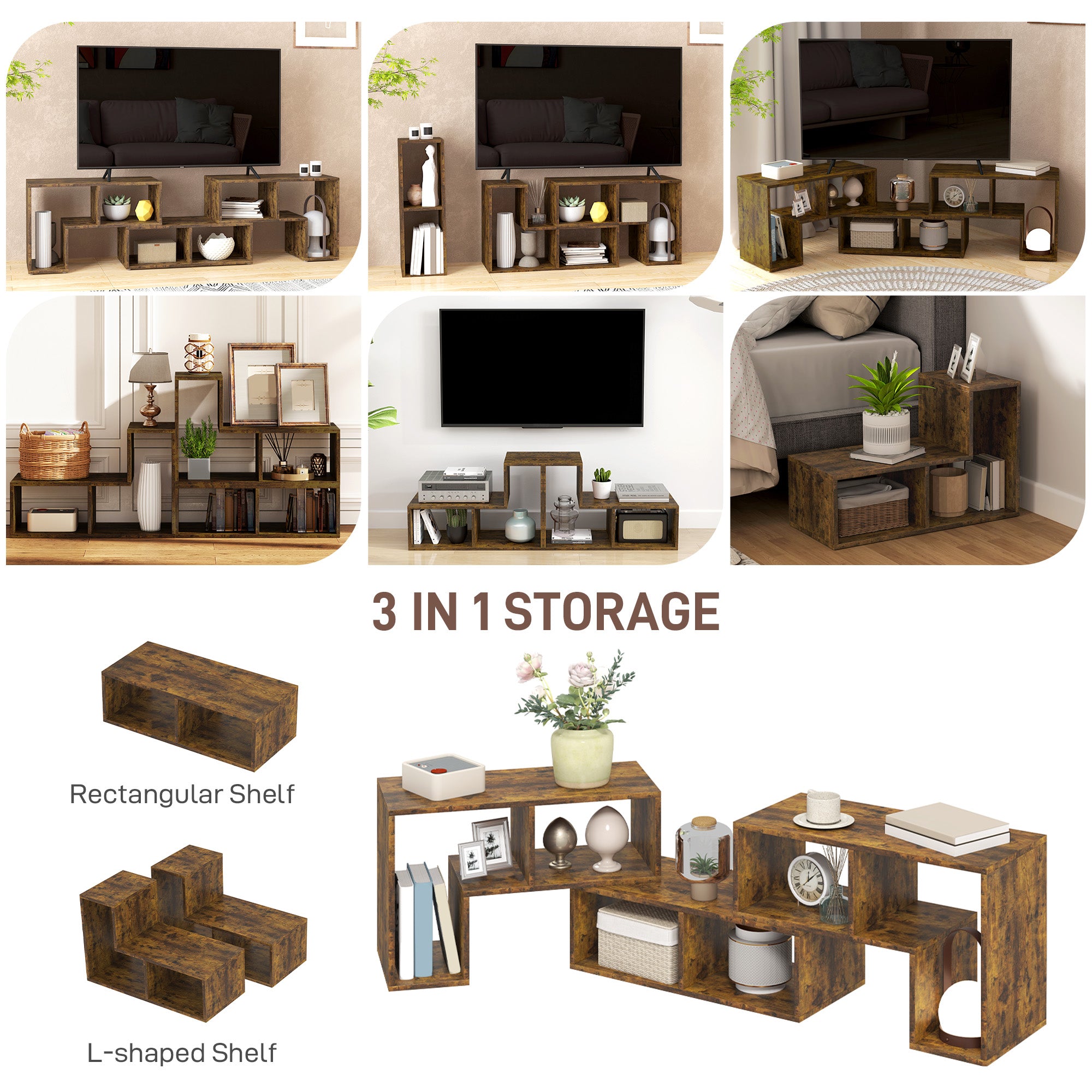 Extendable TV Stand for TVs up to 75 Inches with Storage Shelves, Modular Entertainment Unit - Rustic Brown