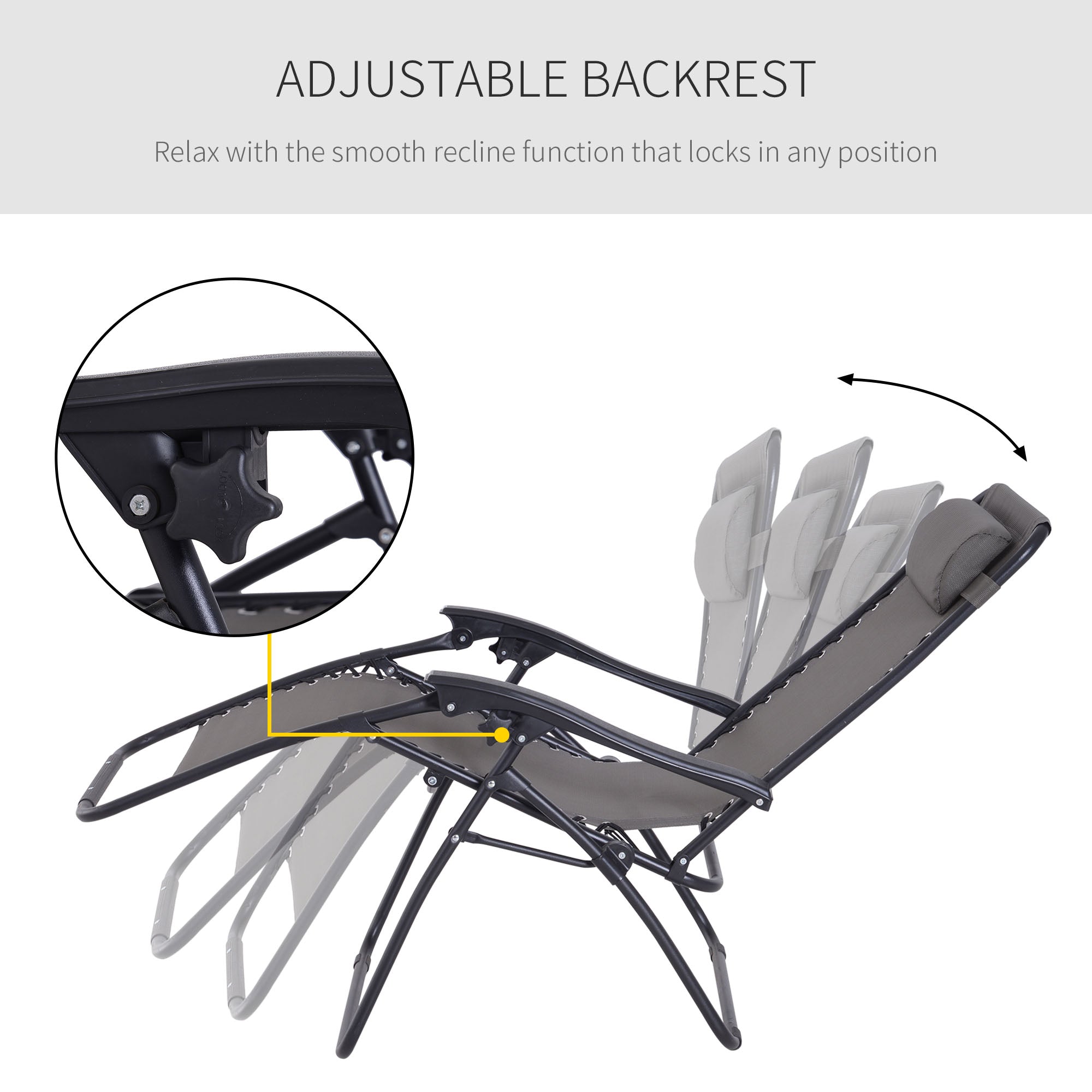 Zero Gravity Chair Set of 2, Metal Frame Texteline Armchair Outdoor Folding and Reclining Sun Lounger with Head Pillow for Patio Decking Gardens Camping, Grey