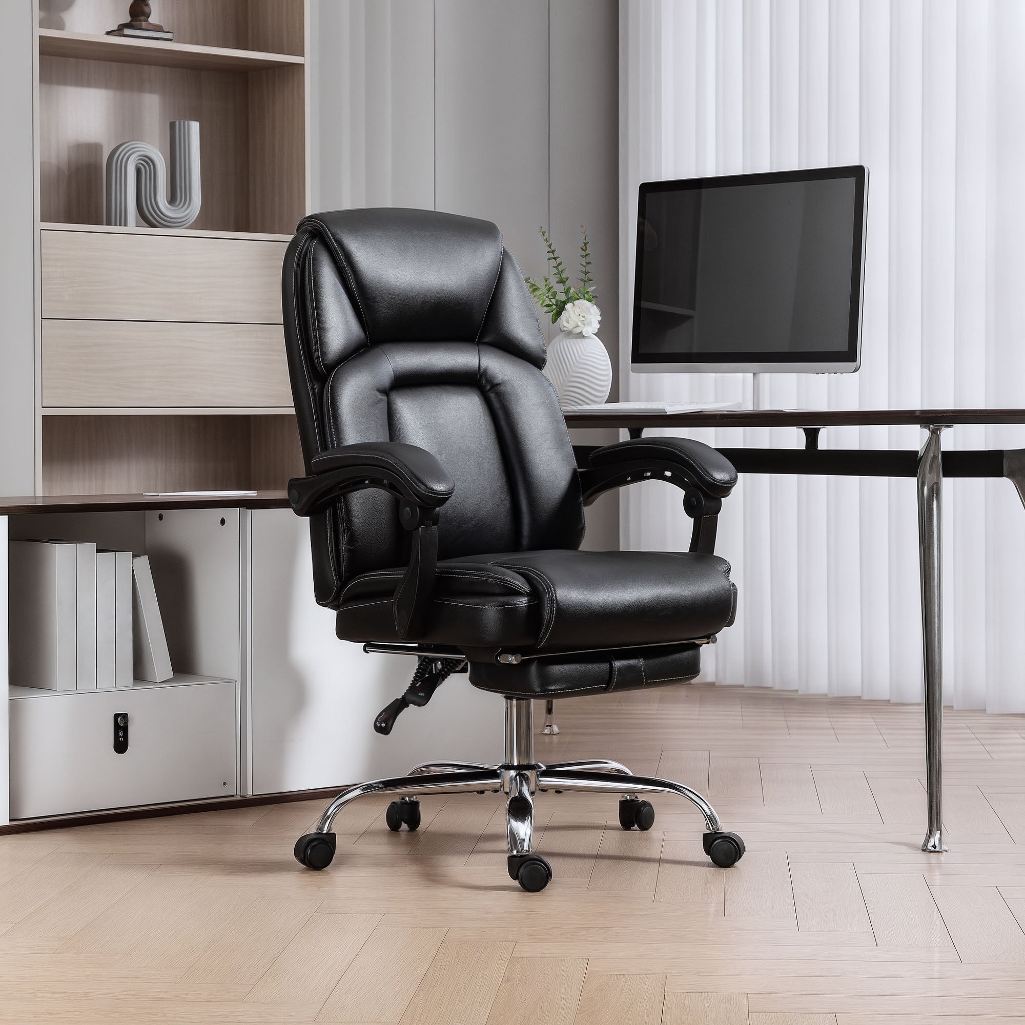 Faux Leather Reclining Office Chair, with Footrest - Black