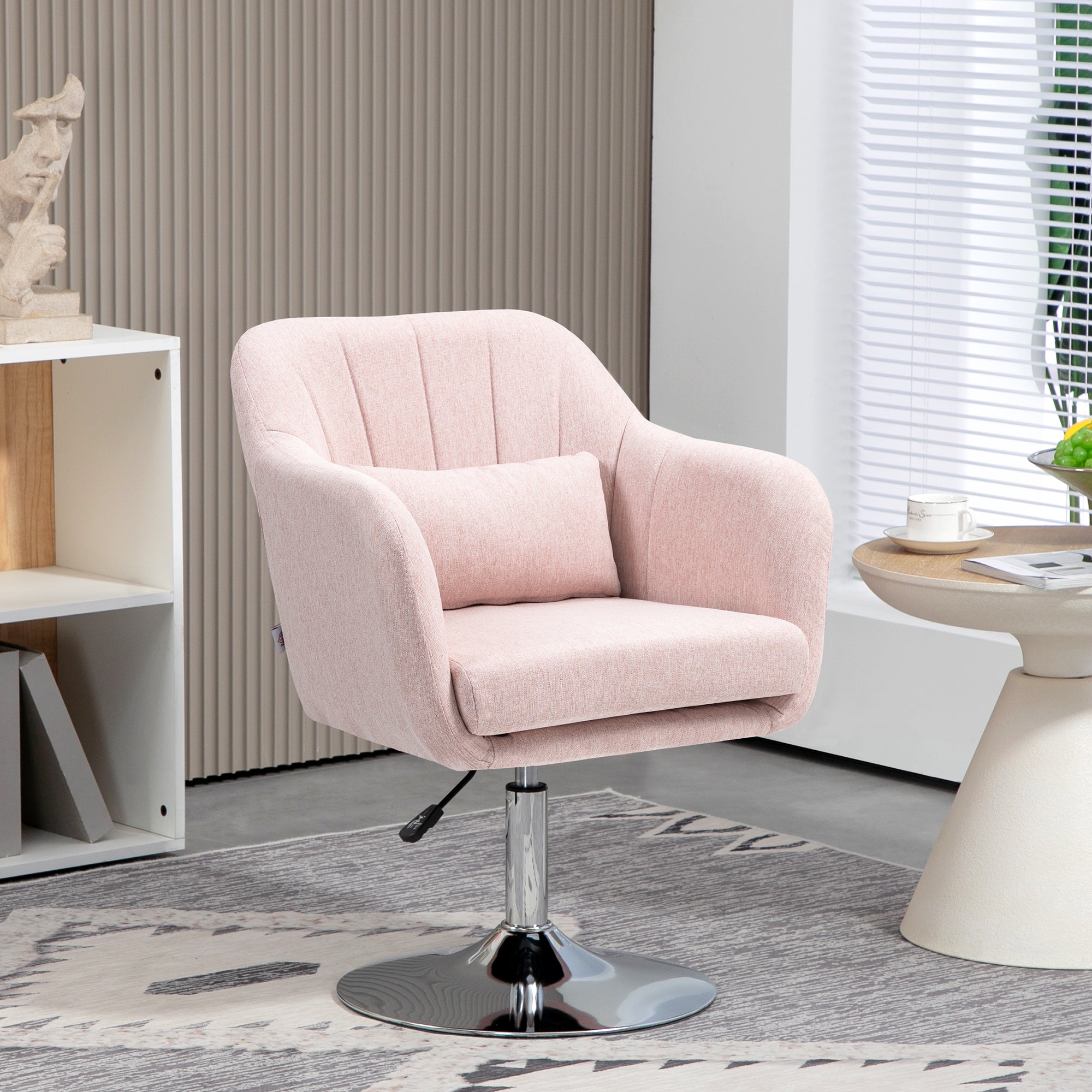 Swivel Linen Fabric Accent Chair for Living Room Contemporary Vanity Armchair with Adjustable Height Thick Cushion Lumbar Support Armrest for Bedroom Office Pink