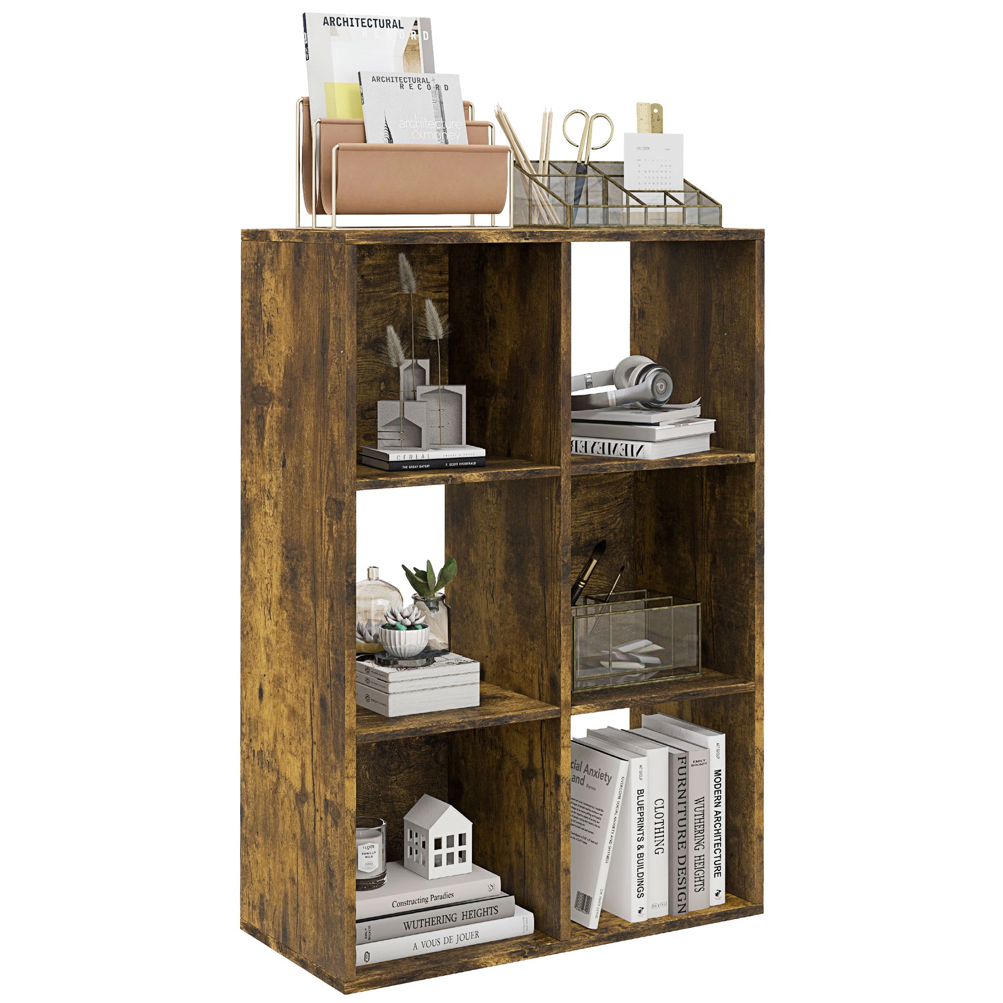 3-tier 6 Cubes Storage Unit Particle Board Cabinet Bookcase Organiser Home Office Shelves Rustic Brown