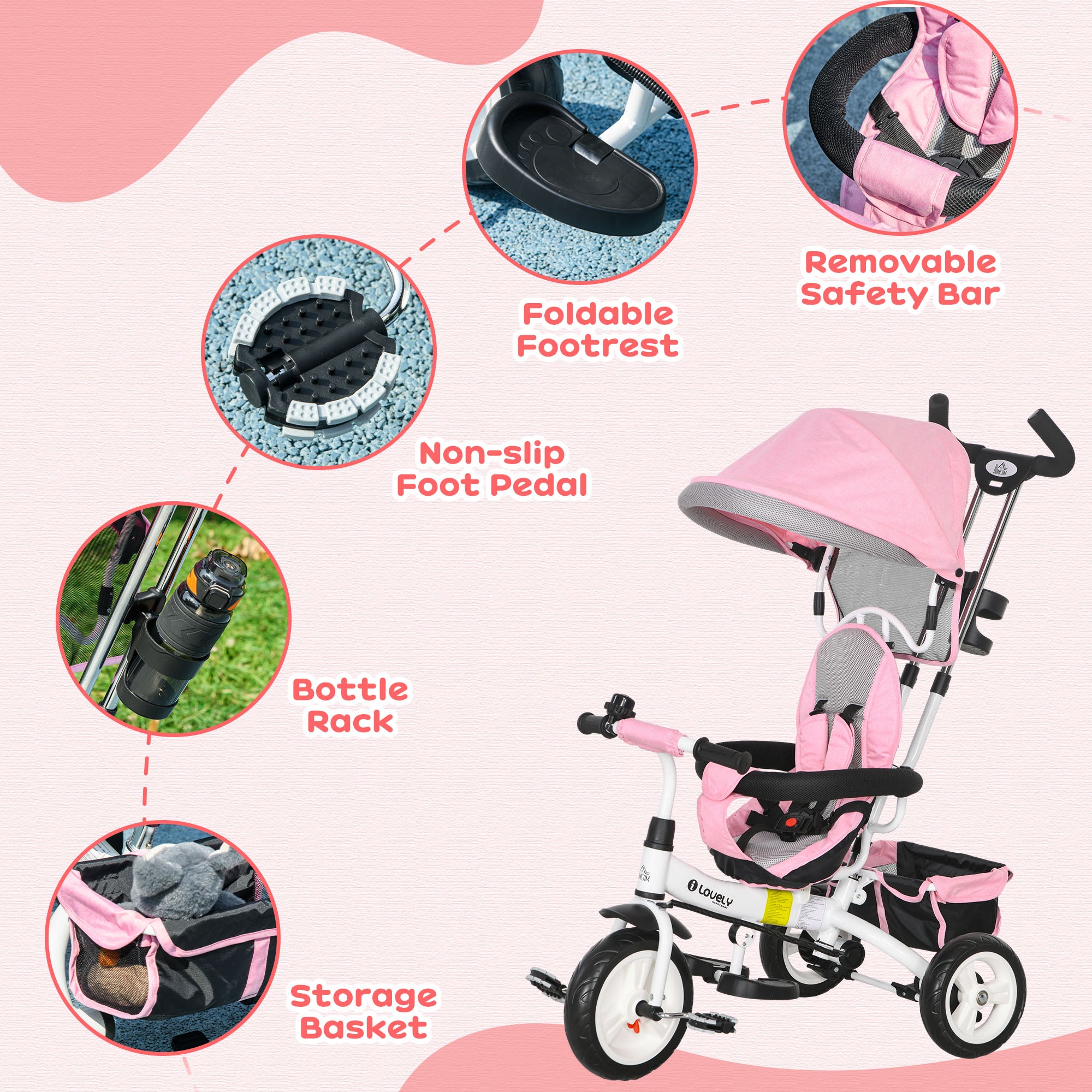 6 in 1 Kids Trike Push Bike w/ Push Handle, Canopy, 5-point Safety Belt, Storage, Footrest, Brake, for 1-5 Years, Pink