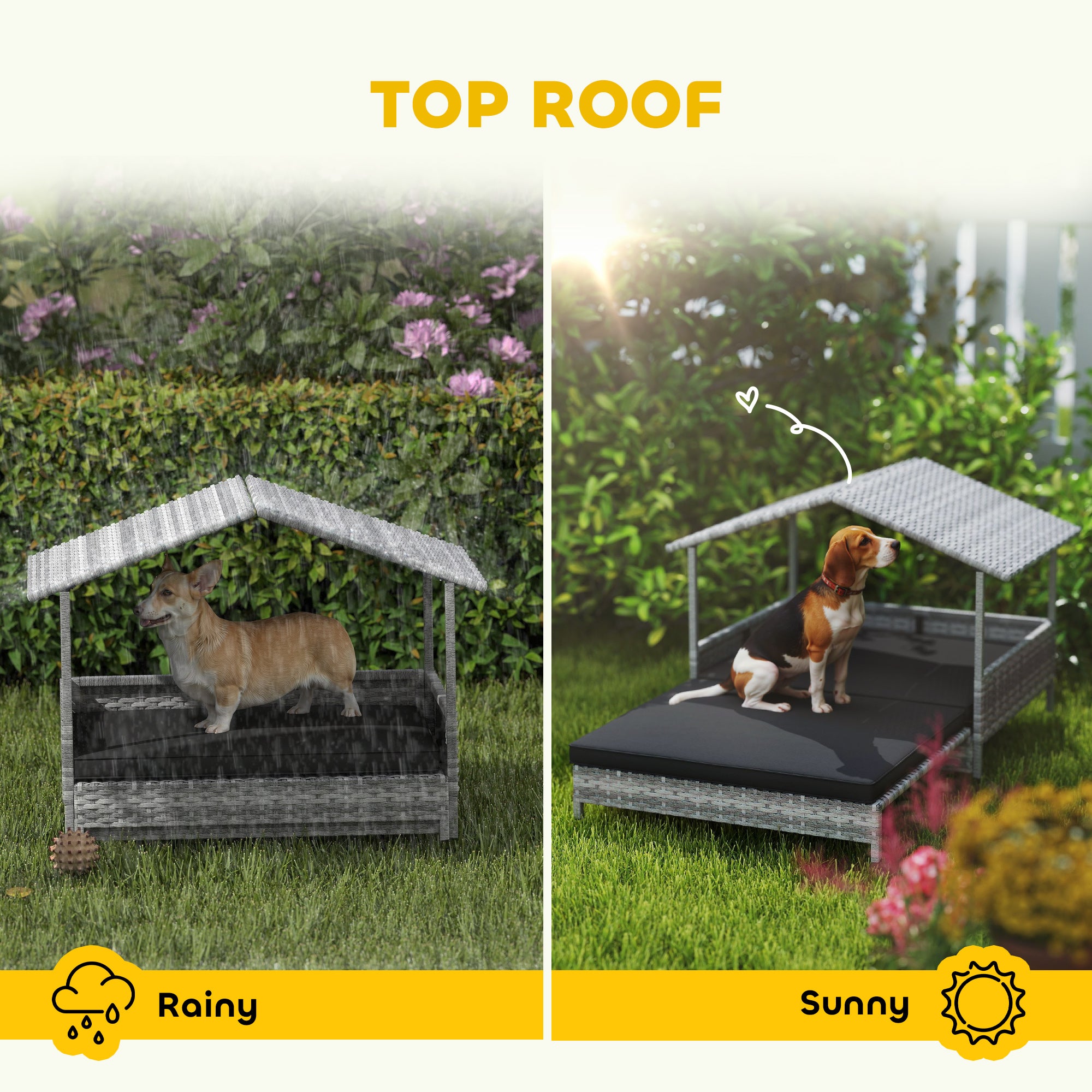 Extendable Elevated Rattan Dog Bed with Water-Resistant Roof and Removable Cushion - Charcoal Grey