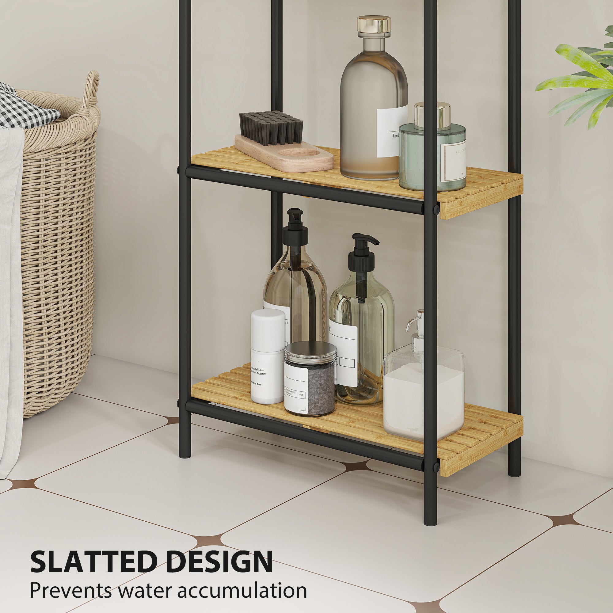 4-Tier Bamboo Bathroom Storage Shelf, Freestanding Narrow Shelving Unit with Slatted Shelves for Kitchen Bathroom Living Room, 41.5 x 21.5 x 106 cm, Natural and Black