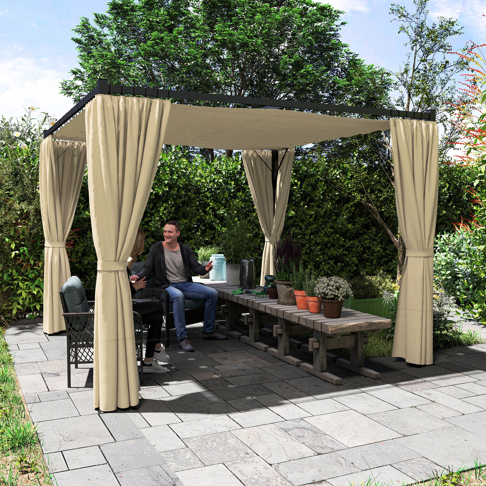 3 x 3m Retractable Roof Pergola with Curtains and Metal Frame - Khaki