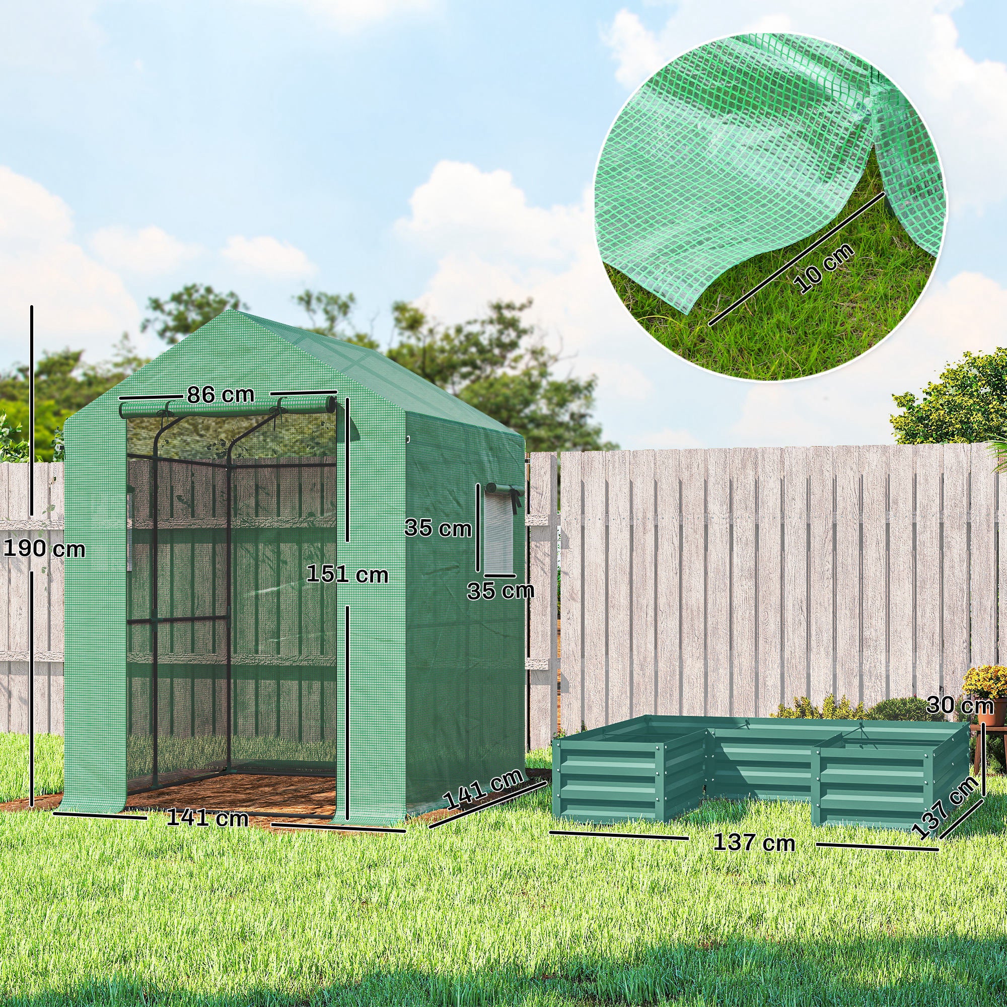 Small Greenhouse with Raised Garden Bed, Galvanised Walk-in Greenhouse with Roll Up Windows, 141 x 141 x 190 cm, Green