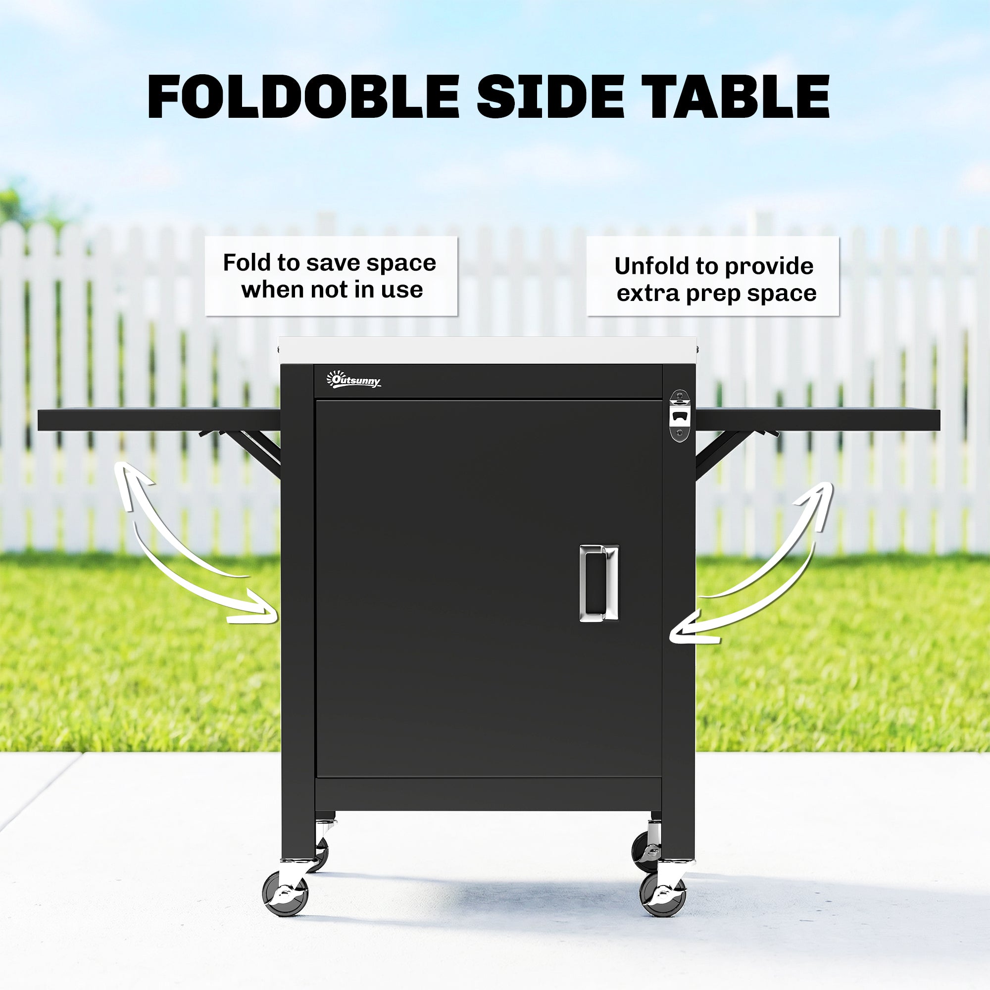 Outdoor Grill Cart with Stainless Steel Tabletop, BBQ Table with a Cabinet, Towel Holder, Bottle Opener, Black
