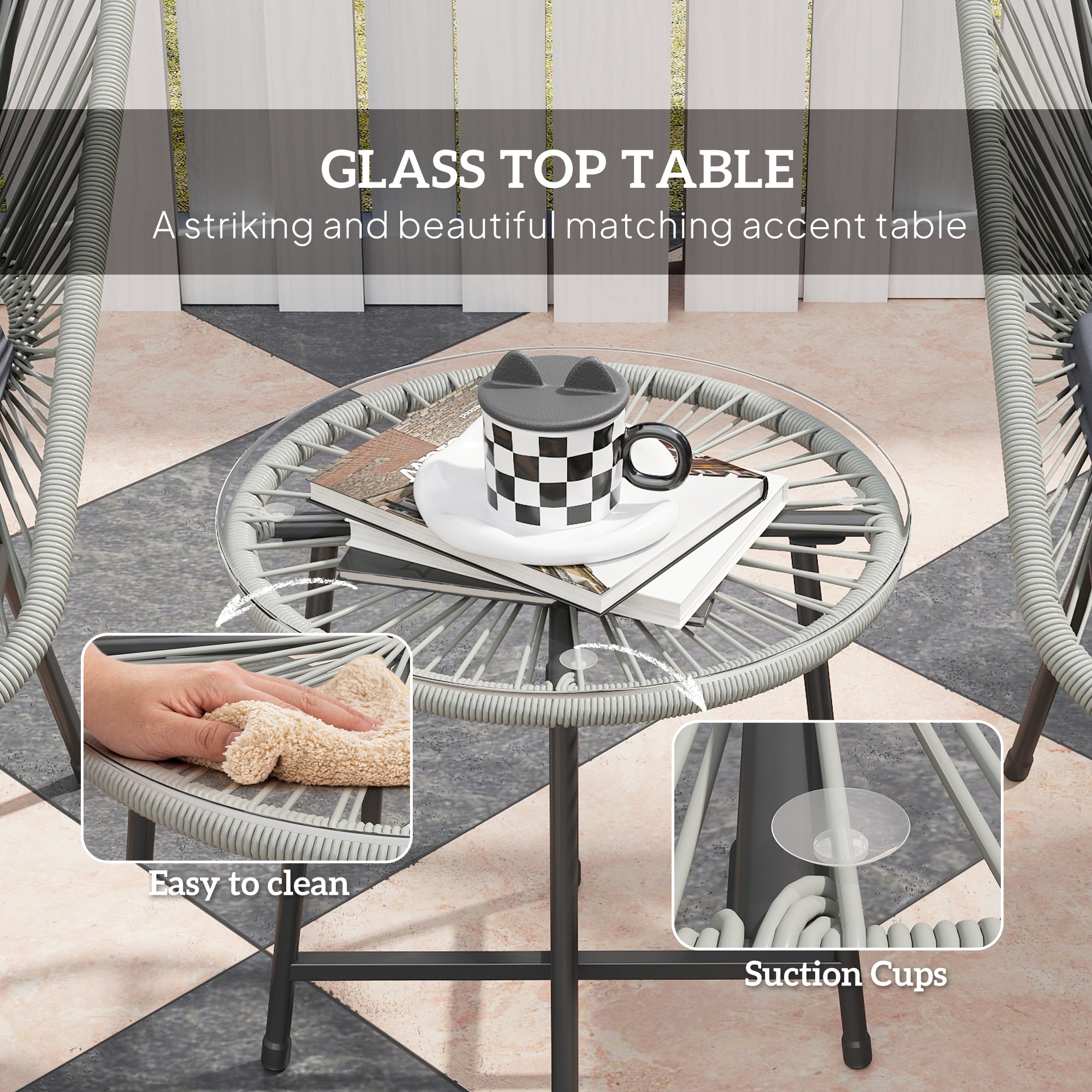 3 Piece Light Grey Rattan Bistro Set with Cushions and Glass Table