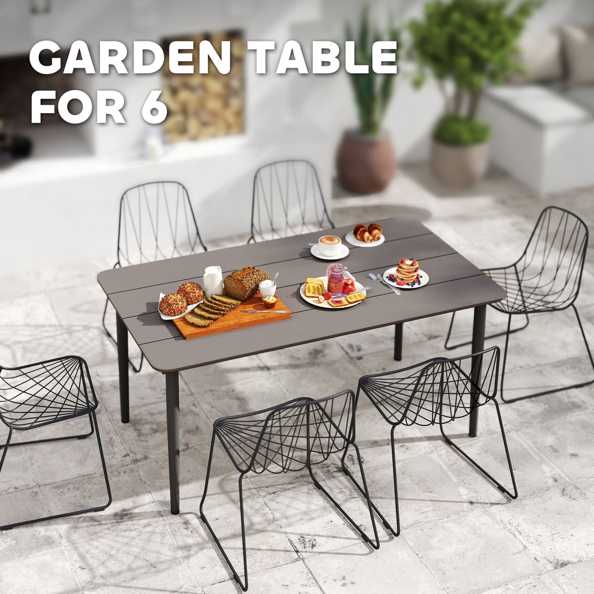 6 Seater Outdoor Dining Table with Rust-Resistant Metal Frame - Dark Grey