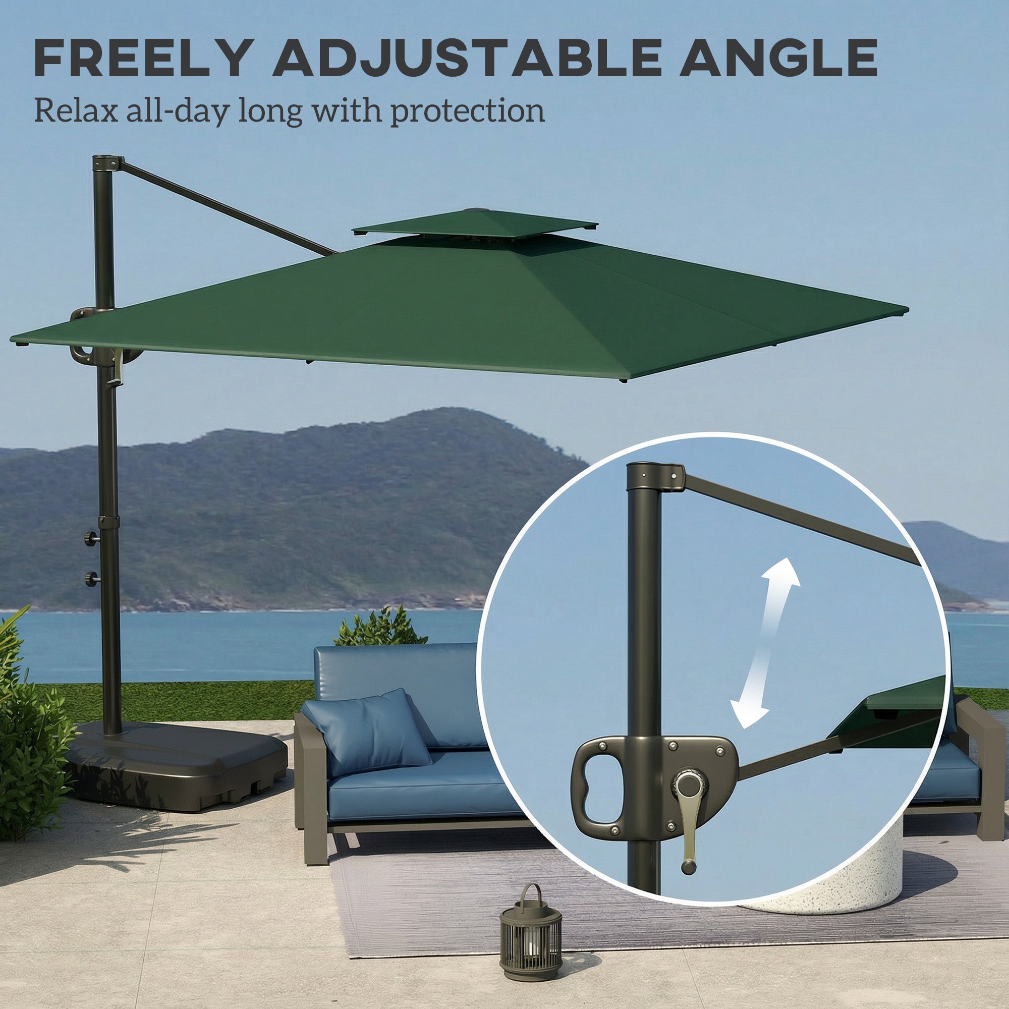 Cantilever Parasol with Weighted Base Double Top Garden Parasol Square Hanging Patio Umbrella with Crank Tilt Dark Green