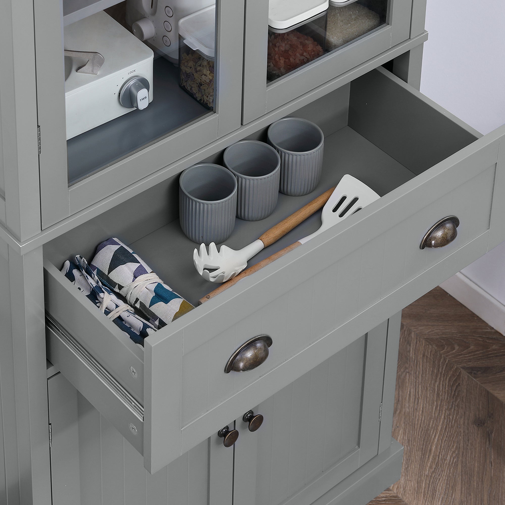 180cm Tall Kitchen Pantry Cupboard, Freestanding Storage Cabinet with 5 Tier, Adjustable Shelves, Drawer, Grey