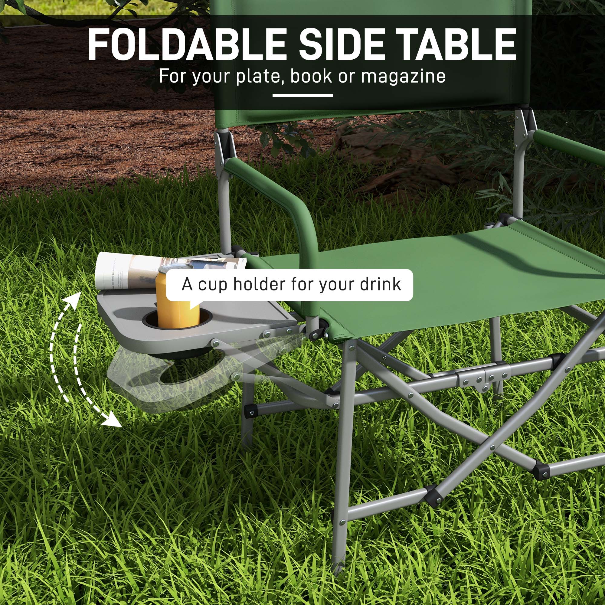 Folding Directors Camping Chair, with Side Table - Green